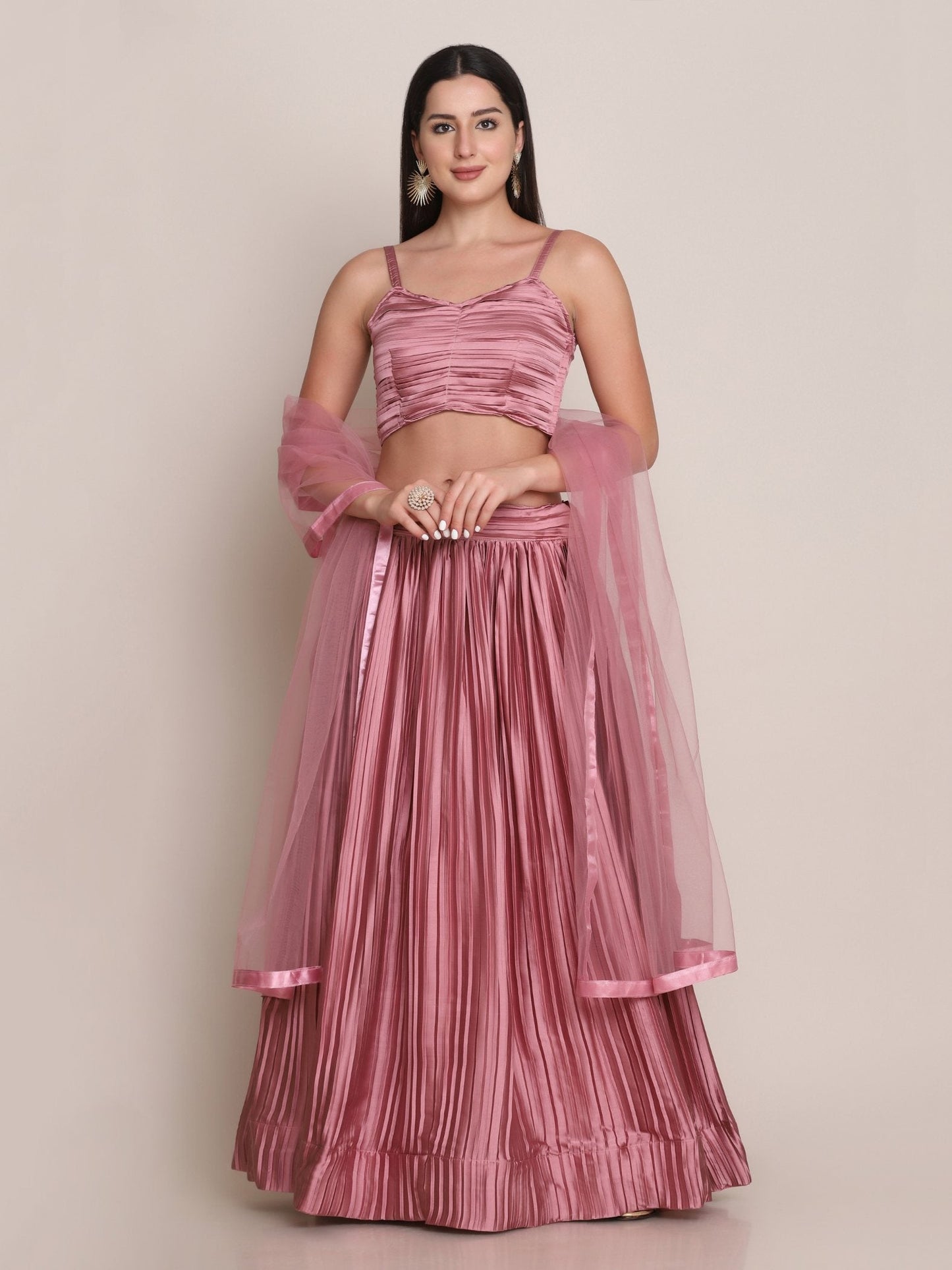 Jyoti Fashion Women's Dusty Pink Satin Silk Platted Work Lehenga Choli with Dupatta | Swadesiicart