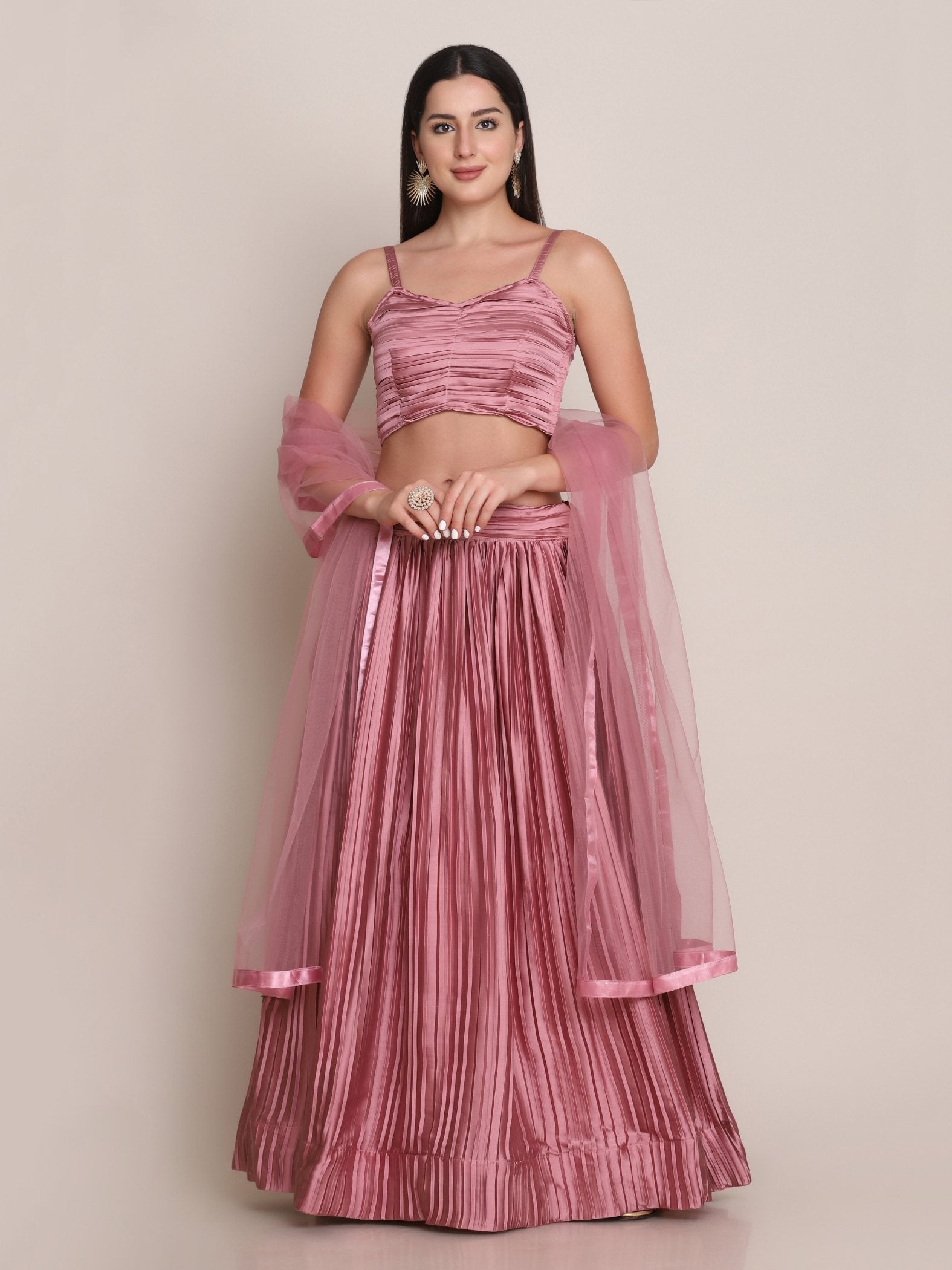 Jyoti Fashion Women's Dusty Pink Satin Silk Platted Work Lehenga Choli with Dupatta | Swadesiicart