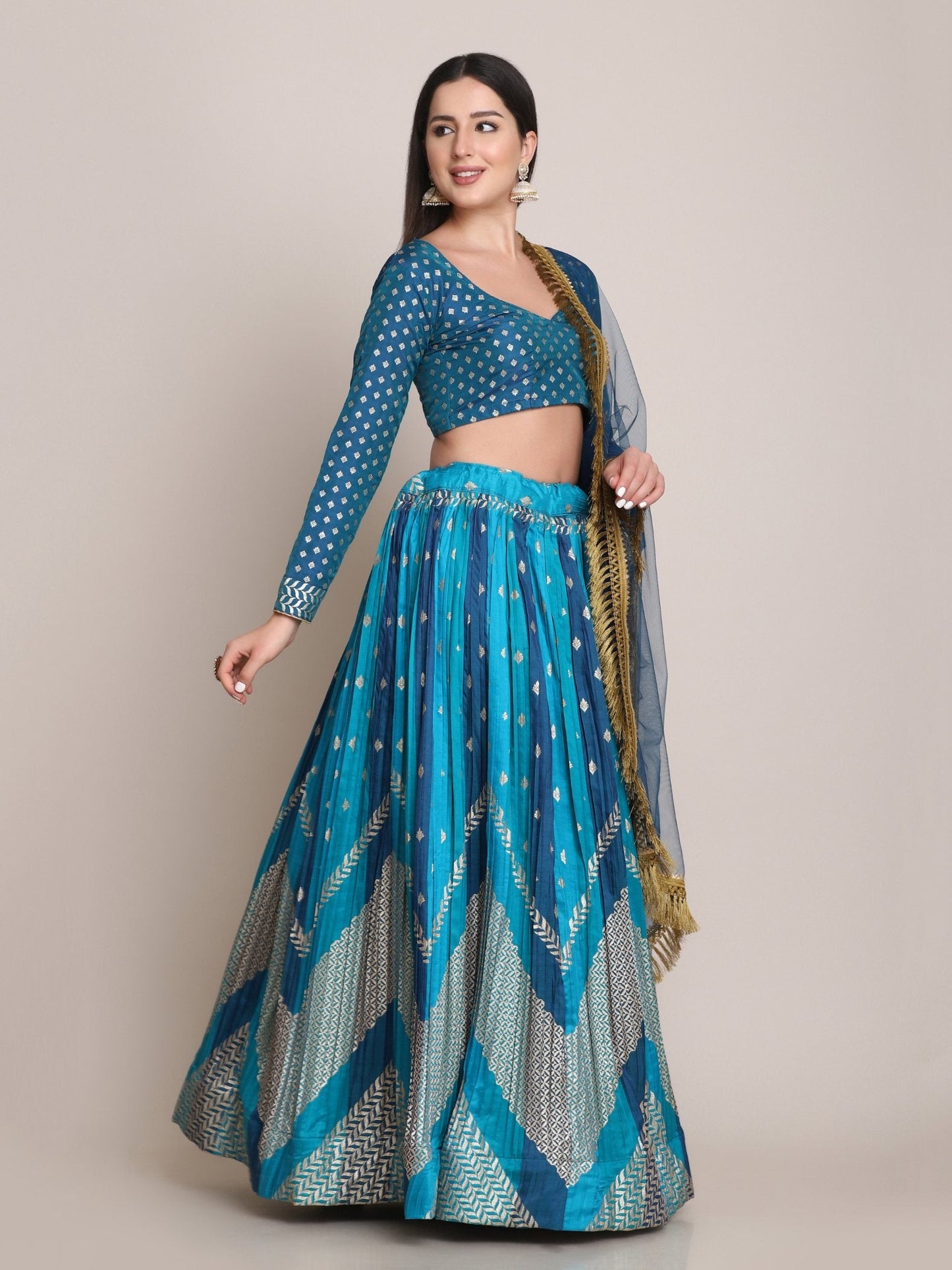 Jyoti Fashion Women's Rama Silk Blend Zari Woven Lehenga Choli with Dupatta | Swadesiicart