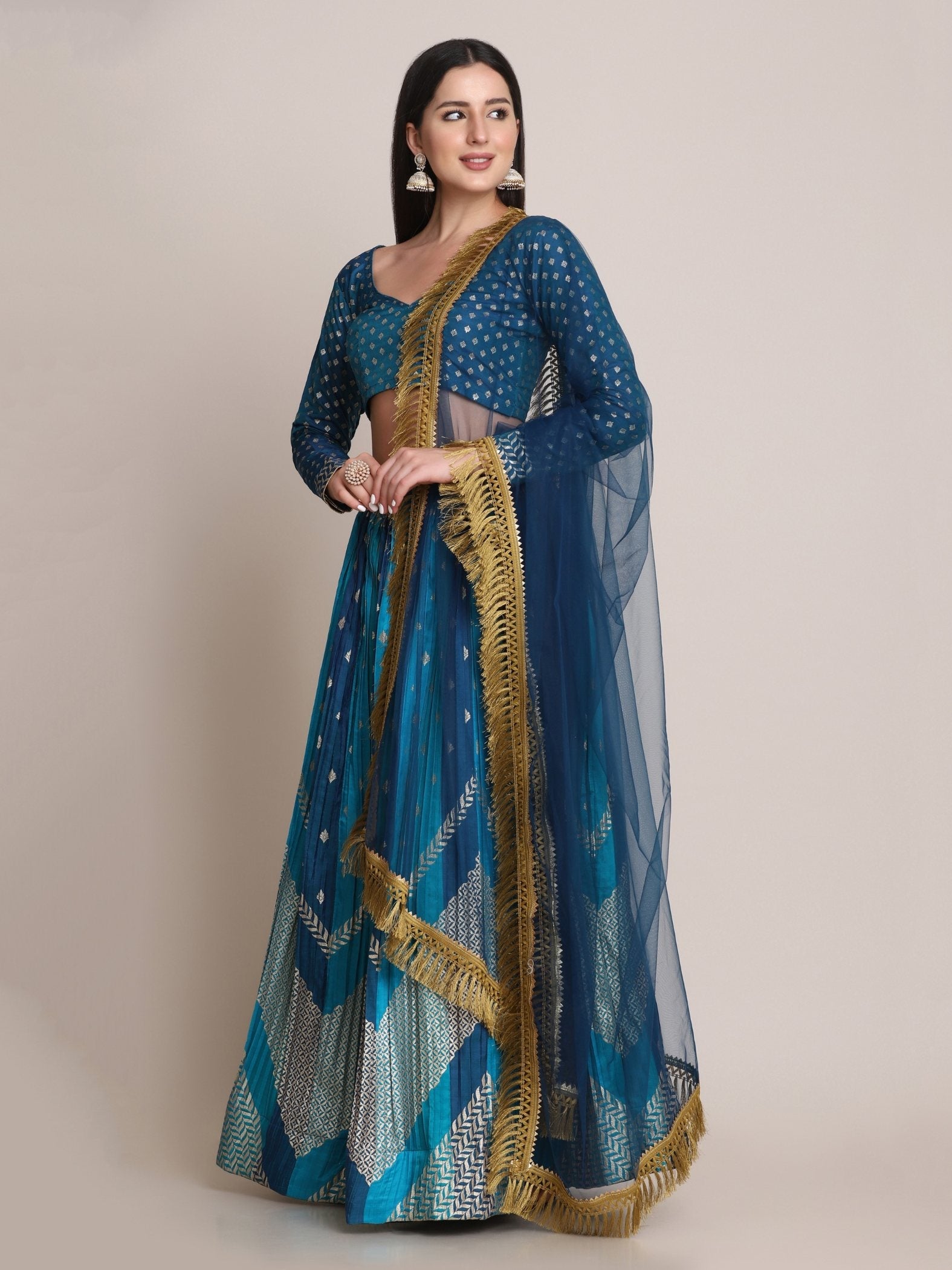 Jyoti Fashion Women's Rama Silk Blend Zari Woven Lehenga Choli with Dupatta | Swadesiicart