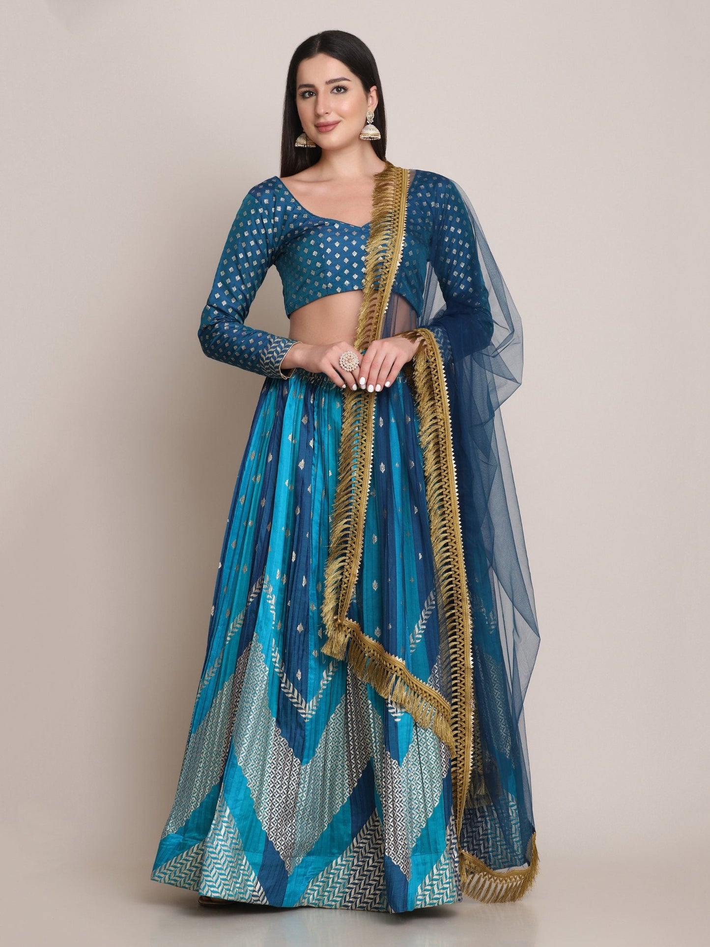 Jyoti Fashion Women's Rama Silk Blend Zari Woven Lehenga Choli with Dupatta | Swadesiicart