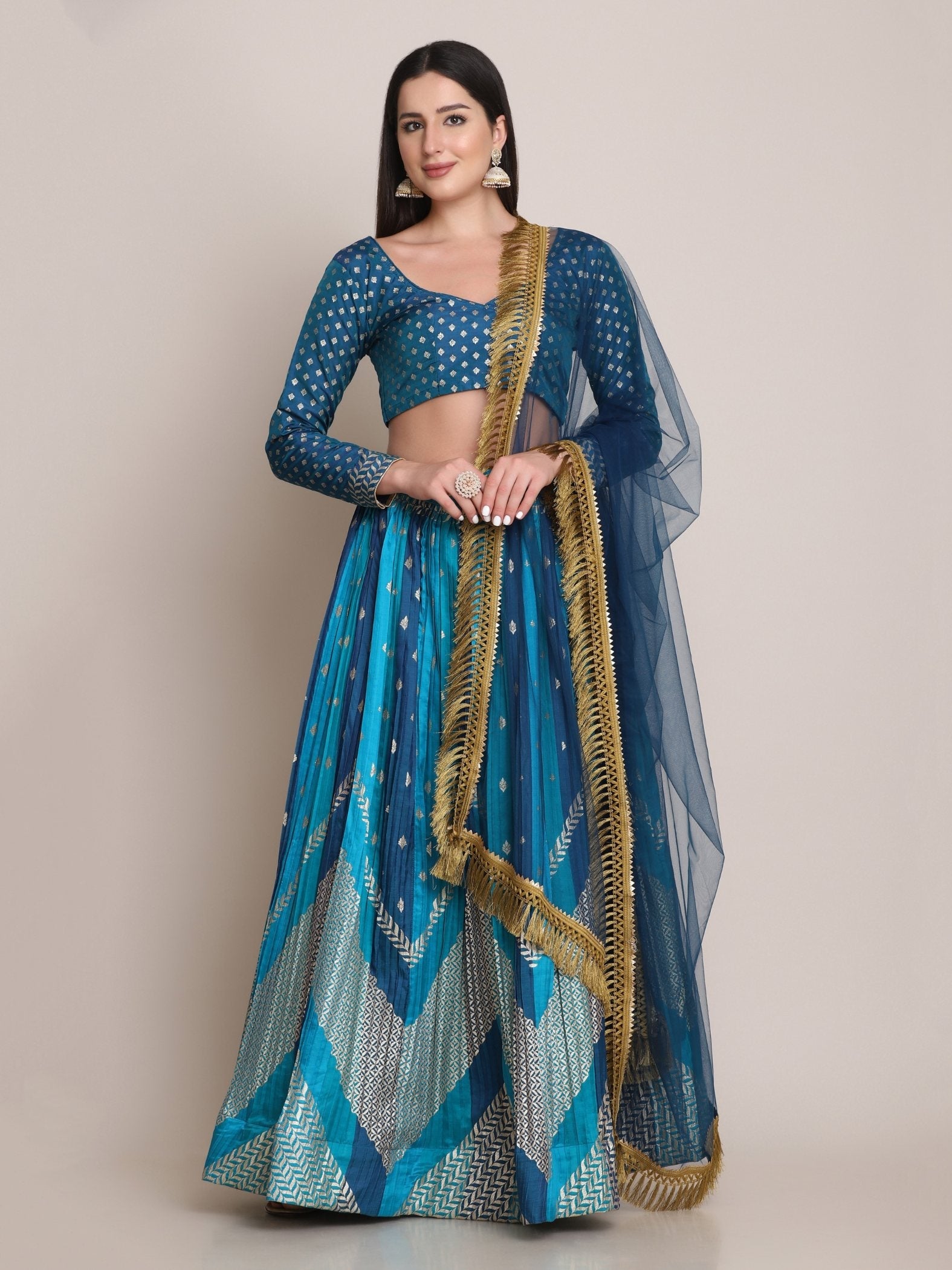 Jyoti Fashion Women's Rama Silk Blend Zari Woven Lehenga Choli with Dupatta | Swadesiicart