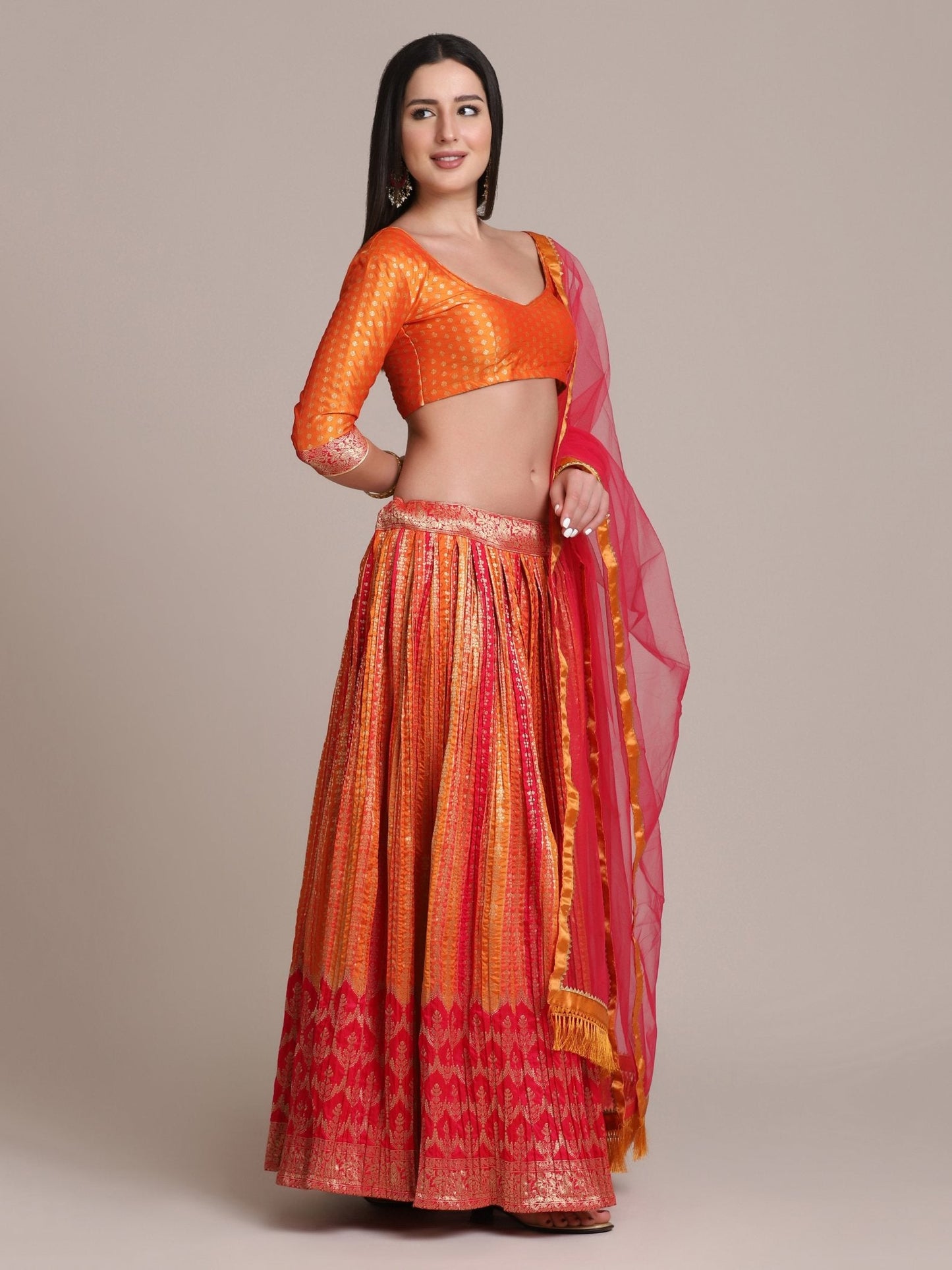 Jyoti Fashion Women's Orange Silk Blend Zari Woven Lehenga Choli with Dupatta | Swadesiicart