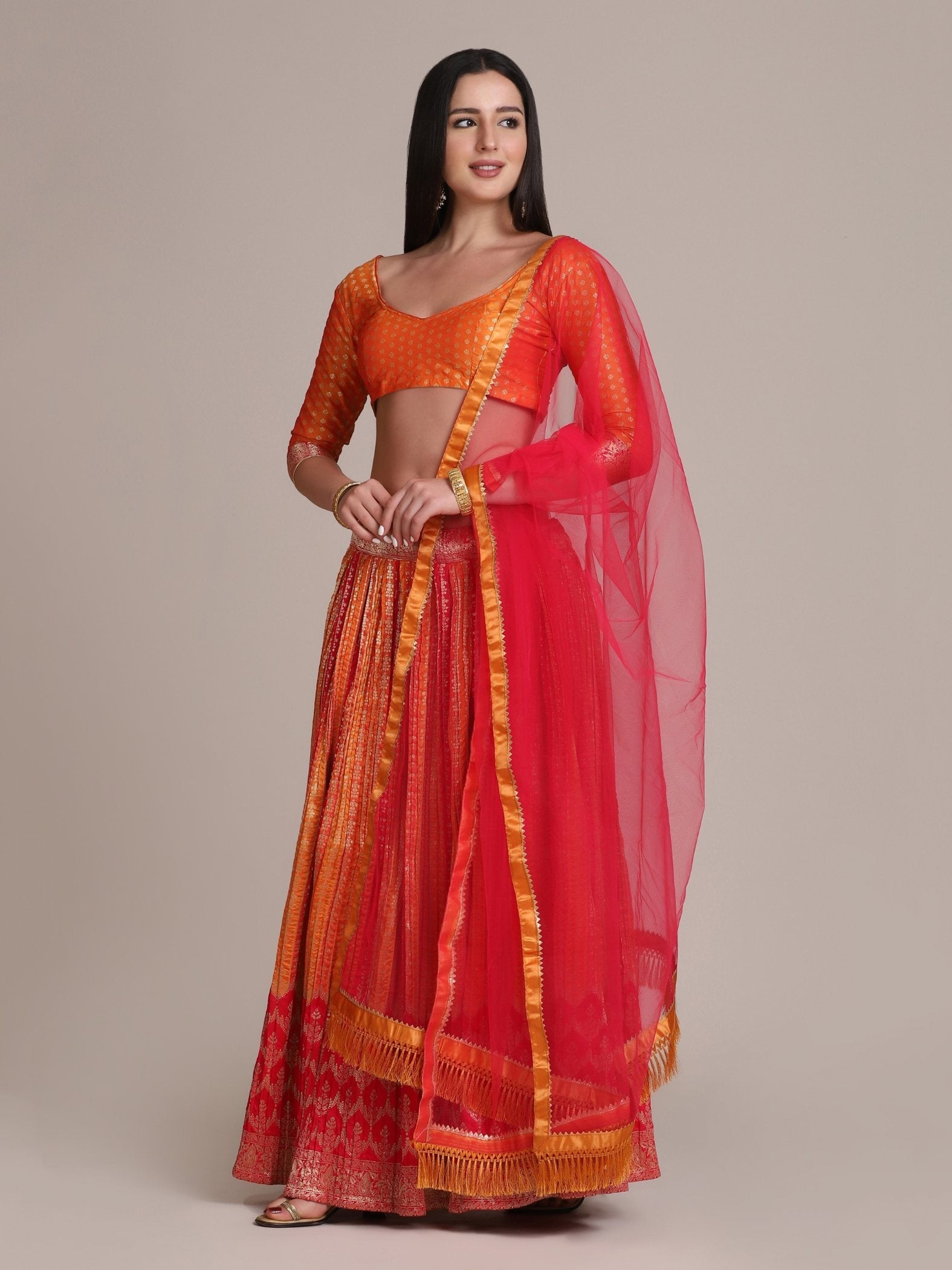 Jyoti Fashion Women's Orange Silk Blend Zari Woven Lehenga Choli with Dupatta | Swadesiicart