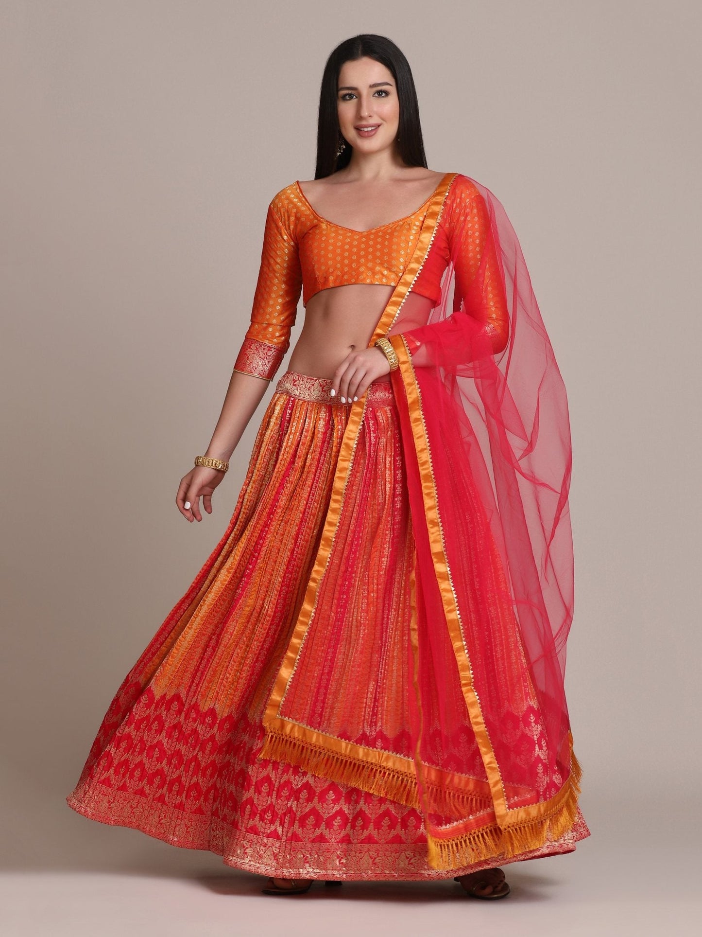 Jyoti Fashion Women's Orange Silk Blend Zari Woven Lehenga Choli with Dupatta | Swadesiicart