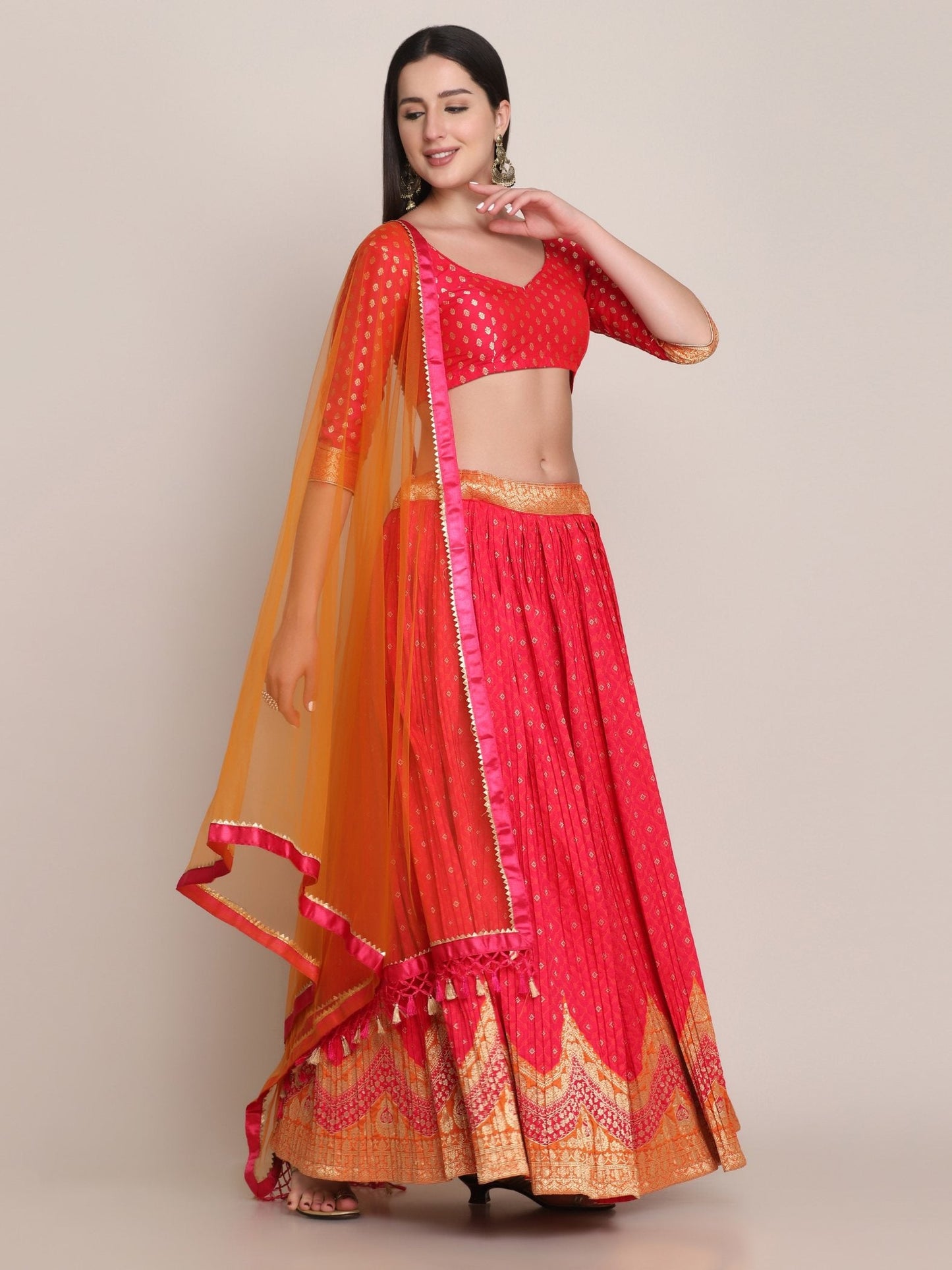 Jyoti Fashion Women's Pink Silk Blend Zari Woven Lehenga Choli with Dupatta | Swadesiicart