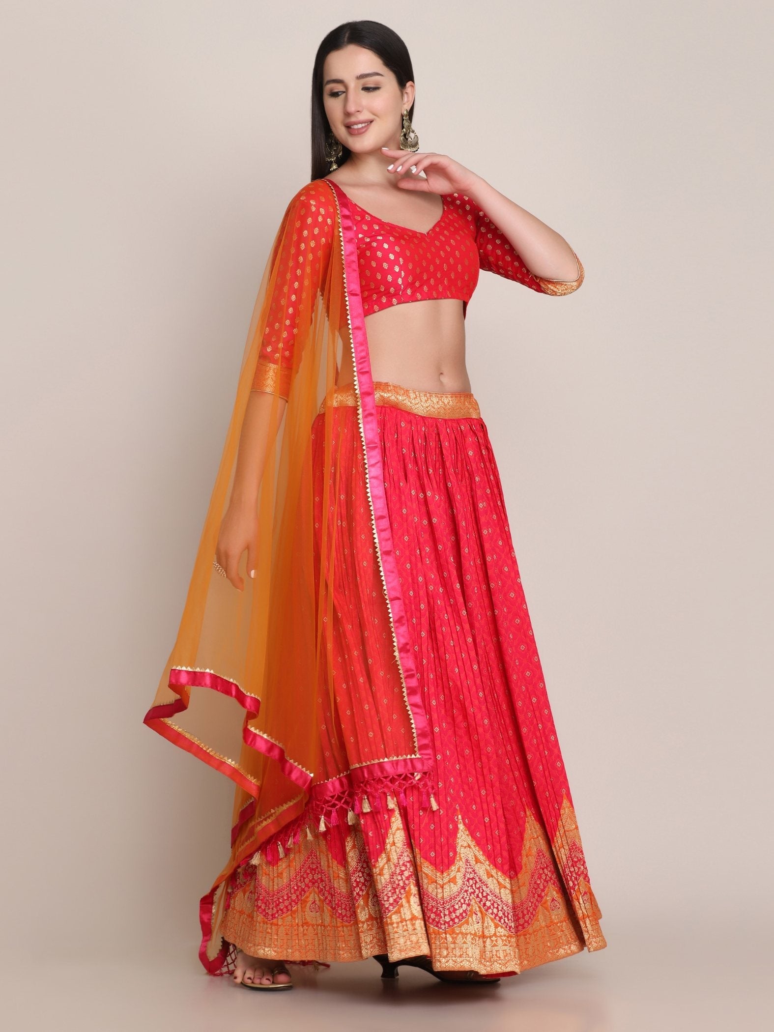 Jyoti Fashion Women's Pink Silk Blend Zari Woven Lehenga Choli with Dupatta | Swadesiicart