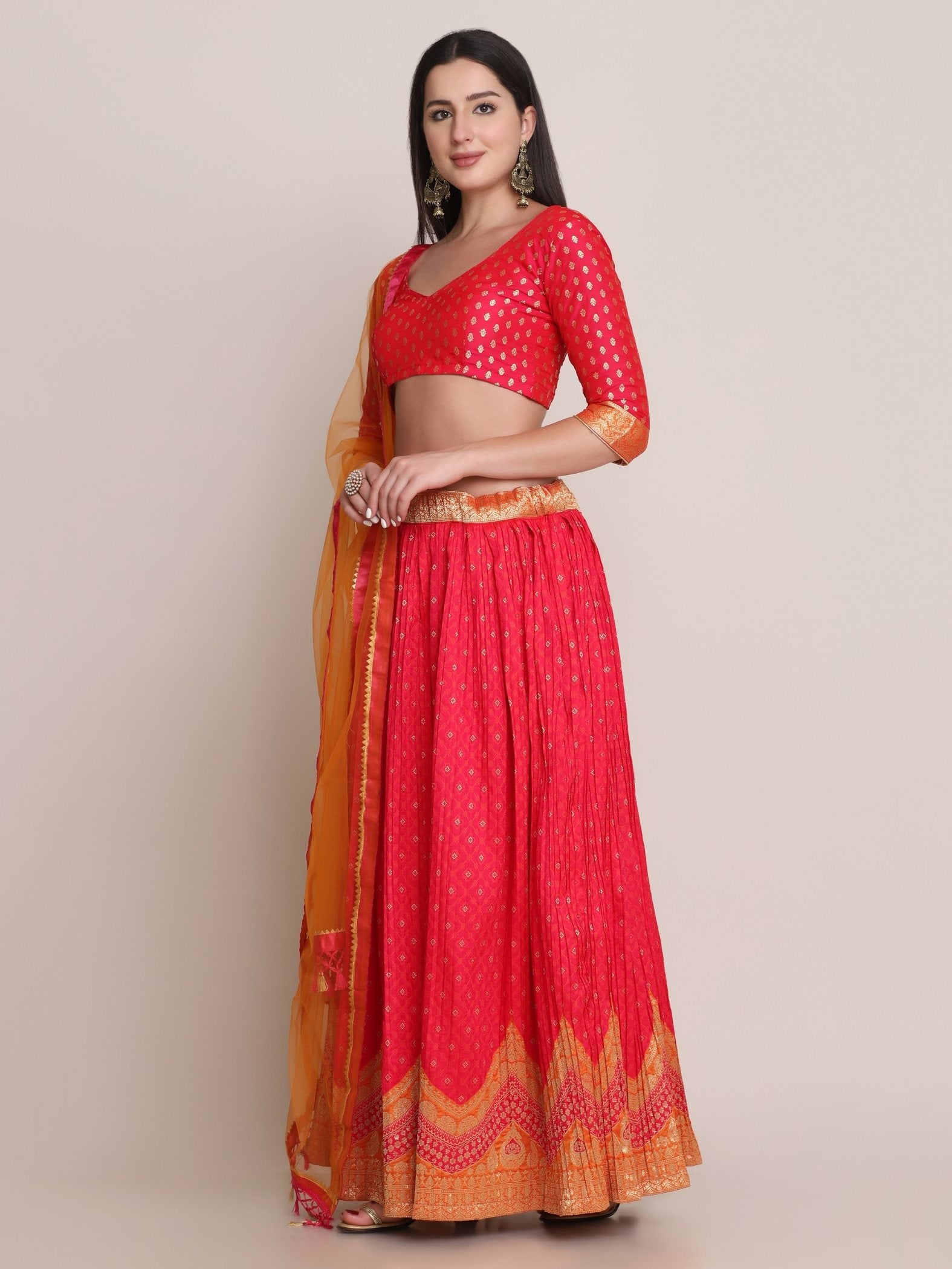 Jyoti Fashion Women's Pink Silk Blend Zari Woven Lehenga Choli with Dupatta | Swadesiicart