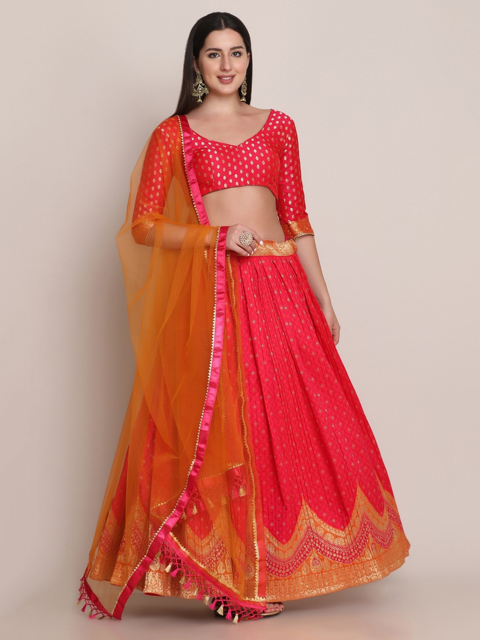 Jyoti Fashion Women's Pink Silk Blend Zari Woven Lehenga Choli with Dupatta | Swadesiicart