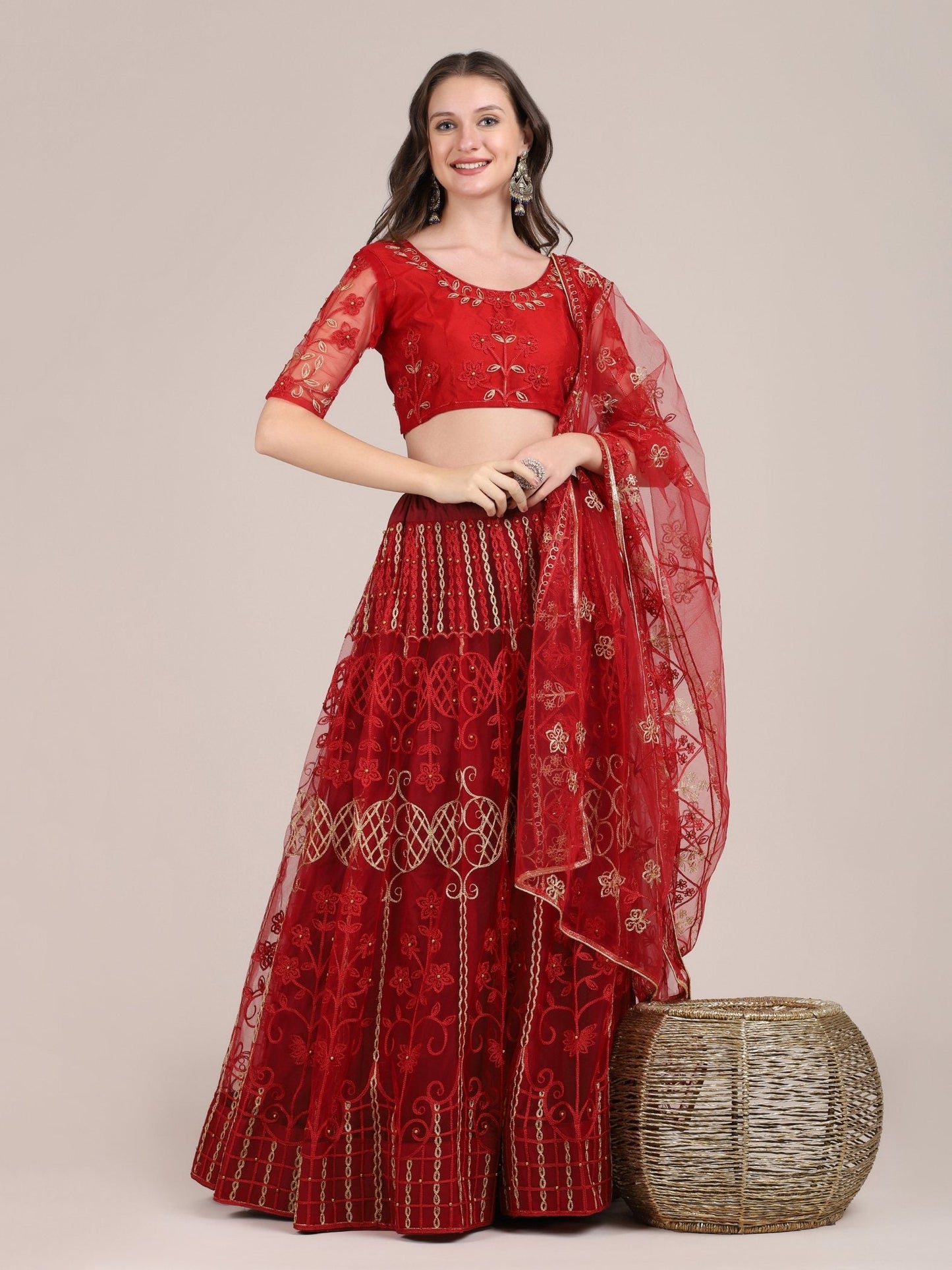 Jyoti Fashion Women's Maroon Net Thread Embroidered Lehenga Choli with Dupatta | Swadesiicart