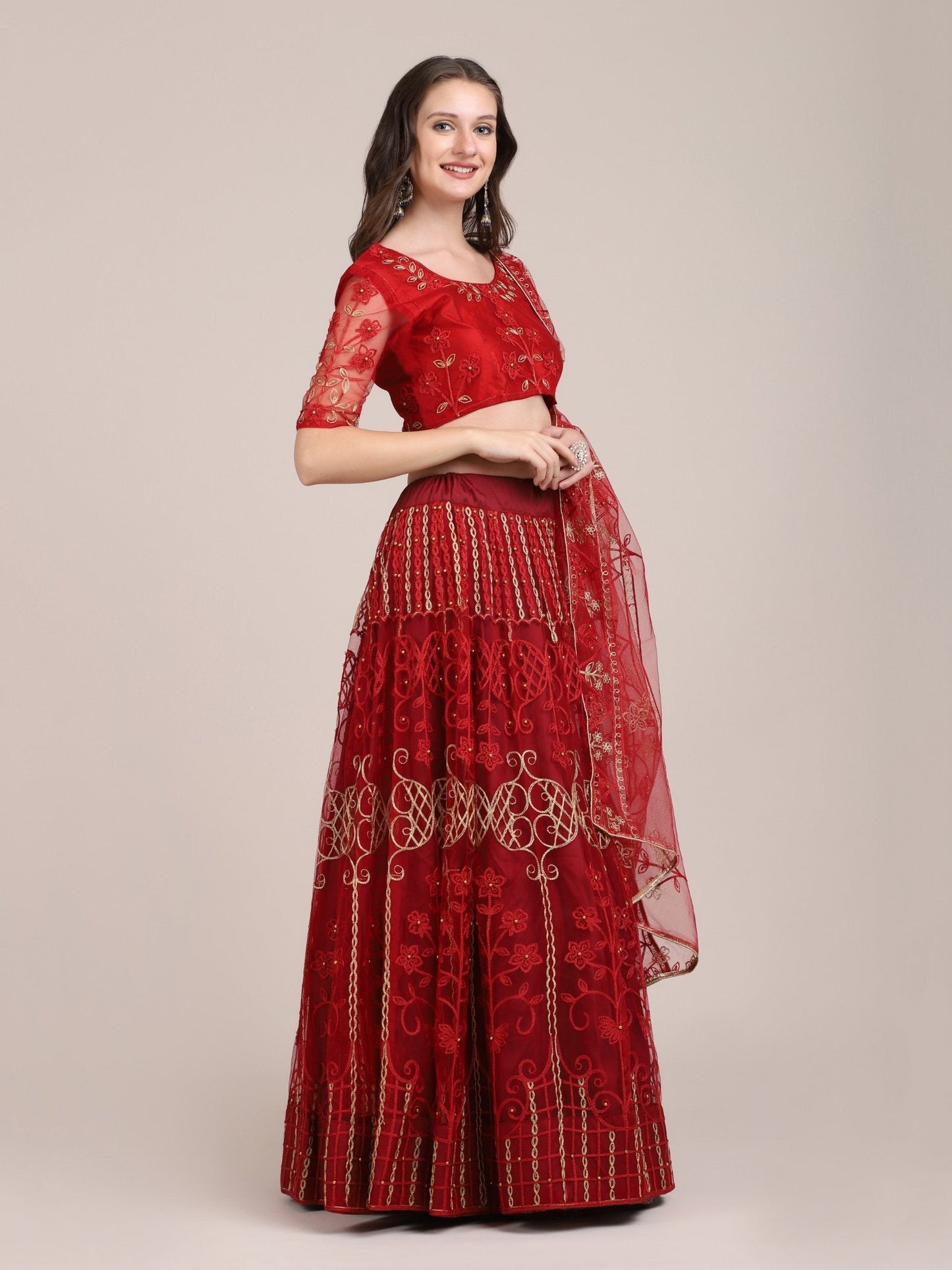 Jyoti Fashion Women's Maroon Net Thread Embroidered Lehenga Choli with Dupatta | Swadesiicart