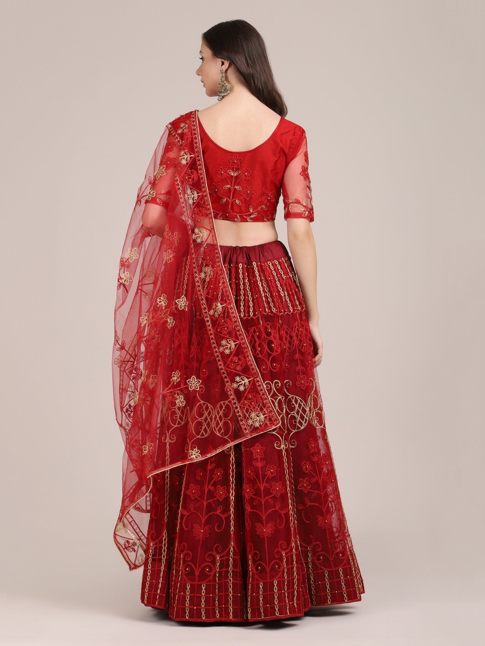 Jyoti Fashion Women's Maroon Net Thread Embroidered Lehenga Choli with Dupatta | Swadesiicart