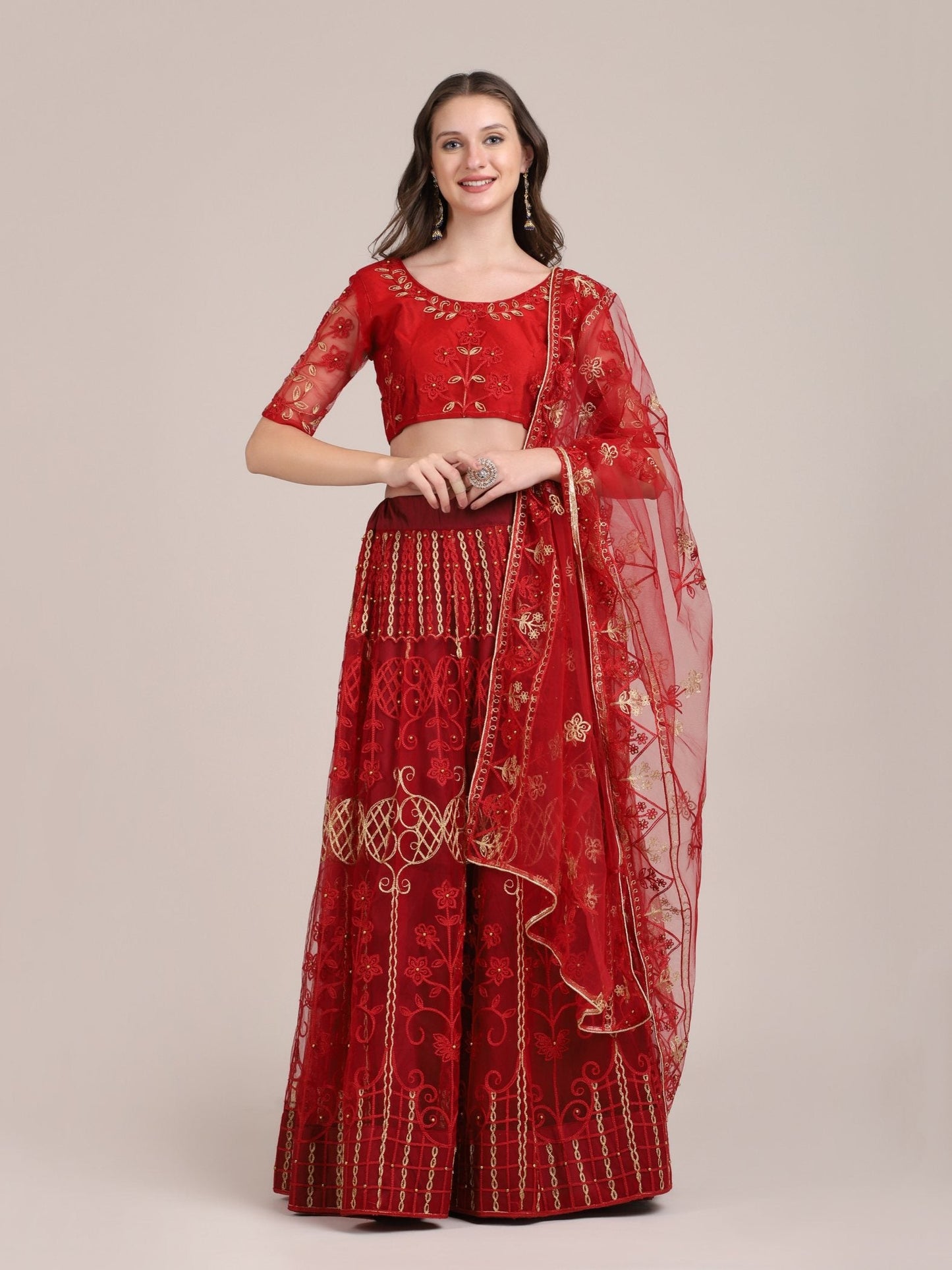 Jyoti Fashion Women's Maroon Net Thread Embroidered Lehenga Choli with Dupatta | Swadesiicart