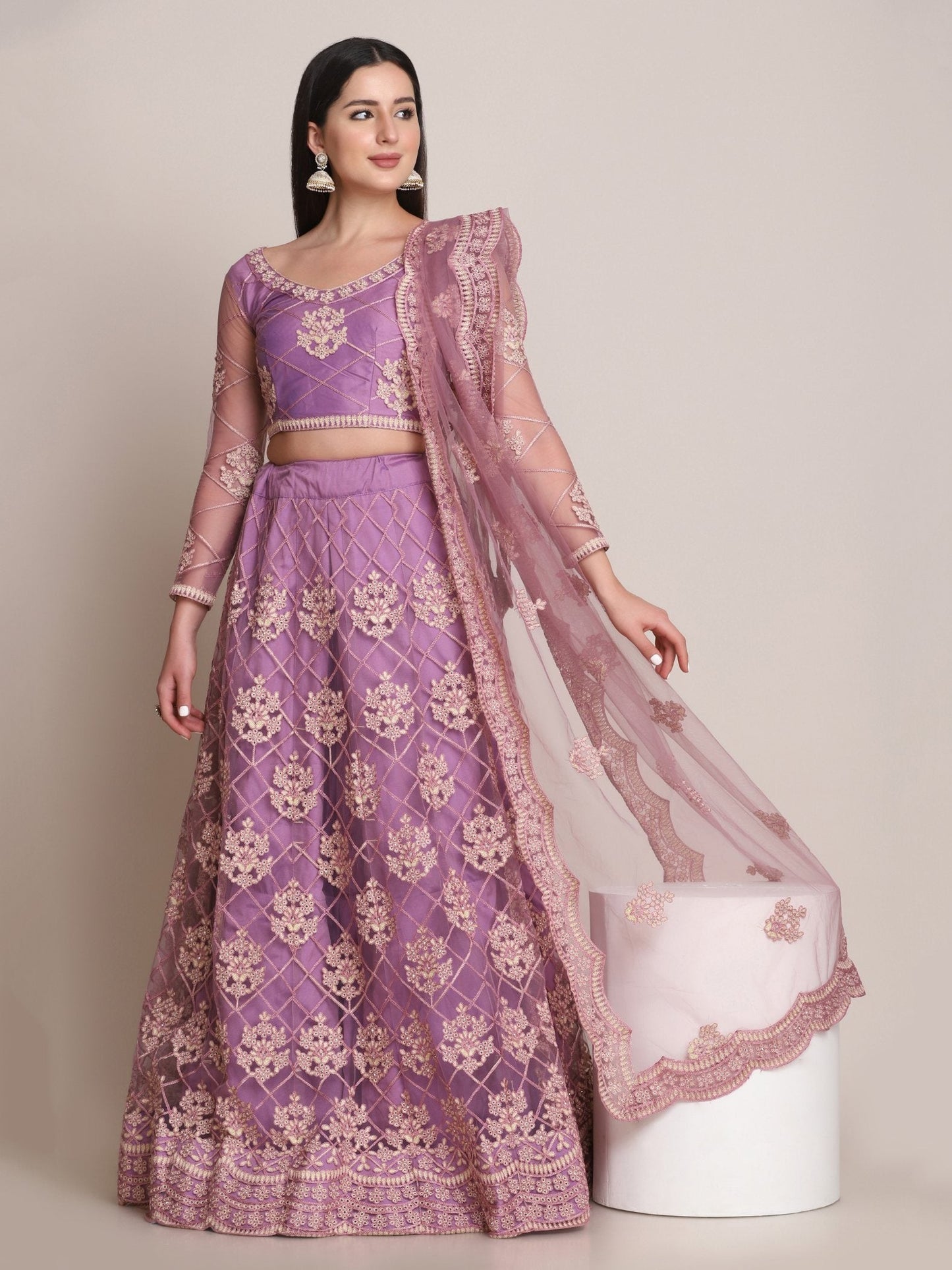Jyoti Fashion Women's Purple Net Thread Embroidered Lehenga Choli with Dupatta | Swadesiicart