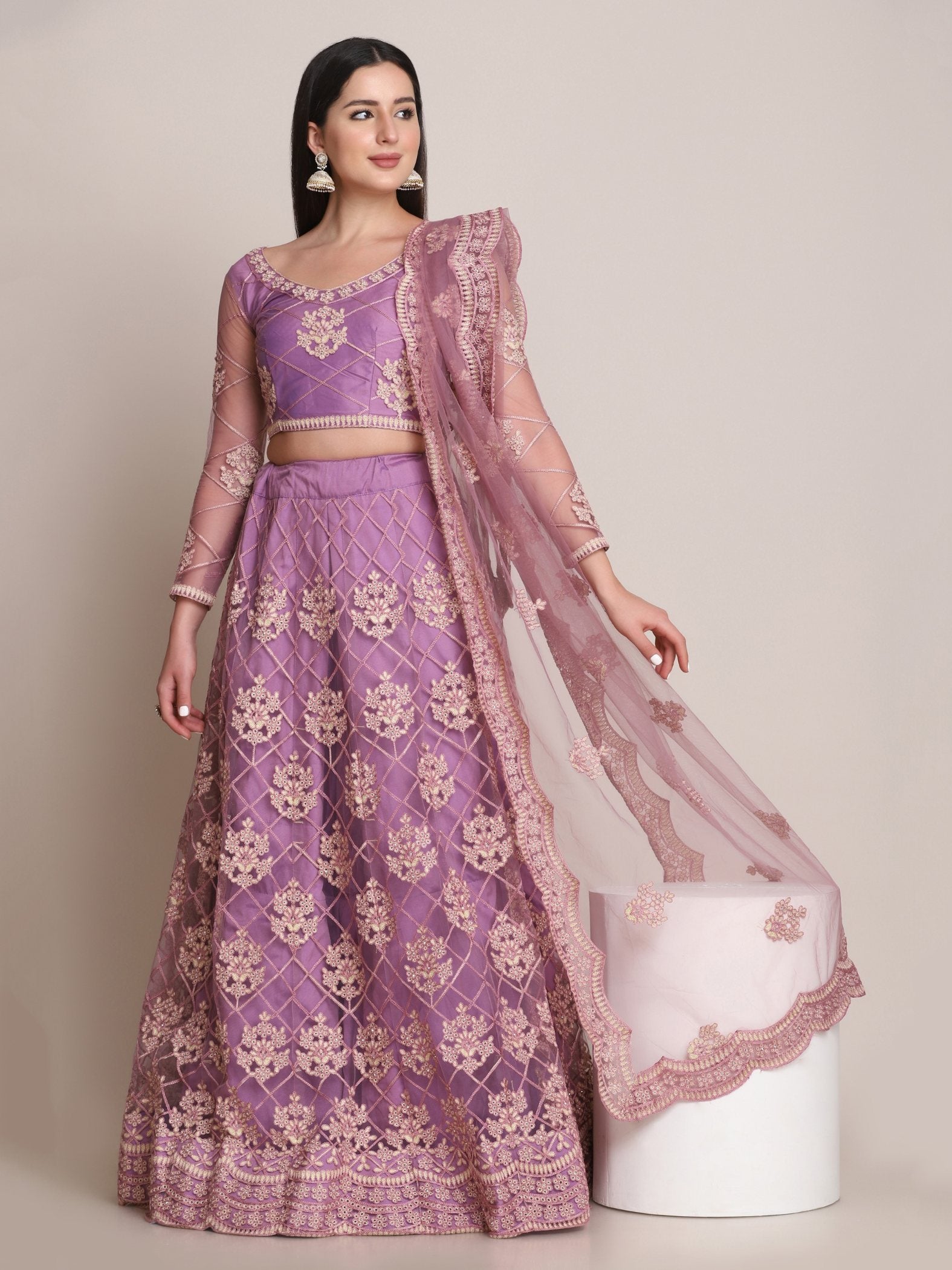 Jyoti Fashion Women's Purple Net Thread Embroidered Lehenga Choli with Dupatta | Swadesiicart