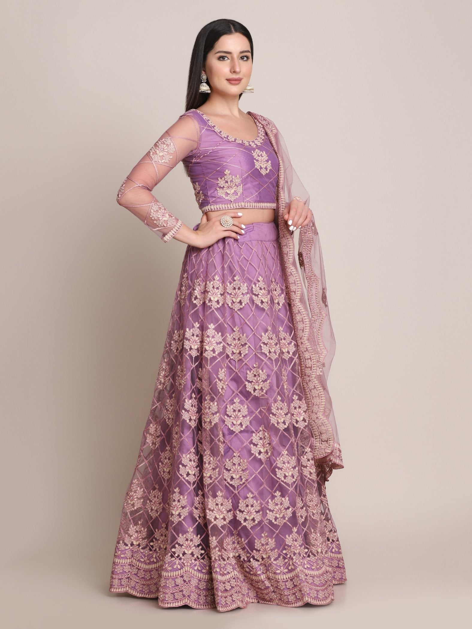 Jyoti Fashion Women's Purple Net Thread Embroidered Lehenga Choli with Dupatta | Swadesiicart