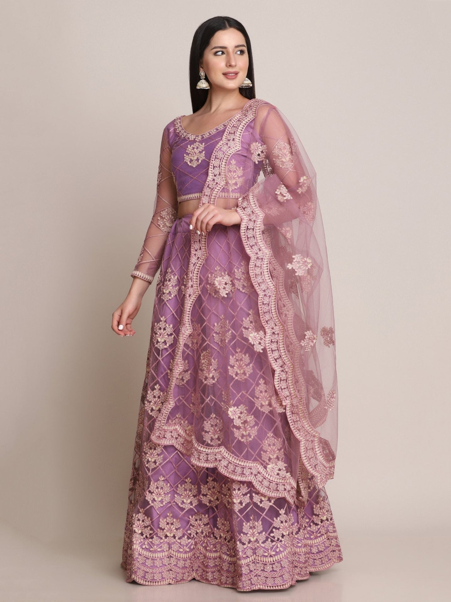 Jyoti Fashion Women's Purple Net Thread Embroidered Lehenga Choli with Dupatta | Swadesiicart