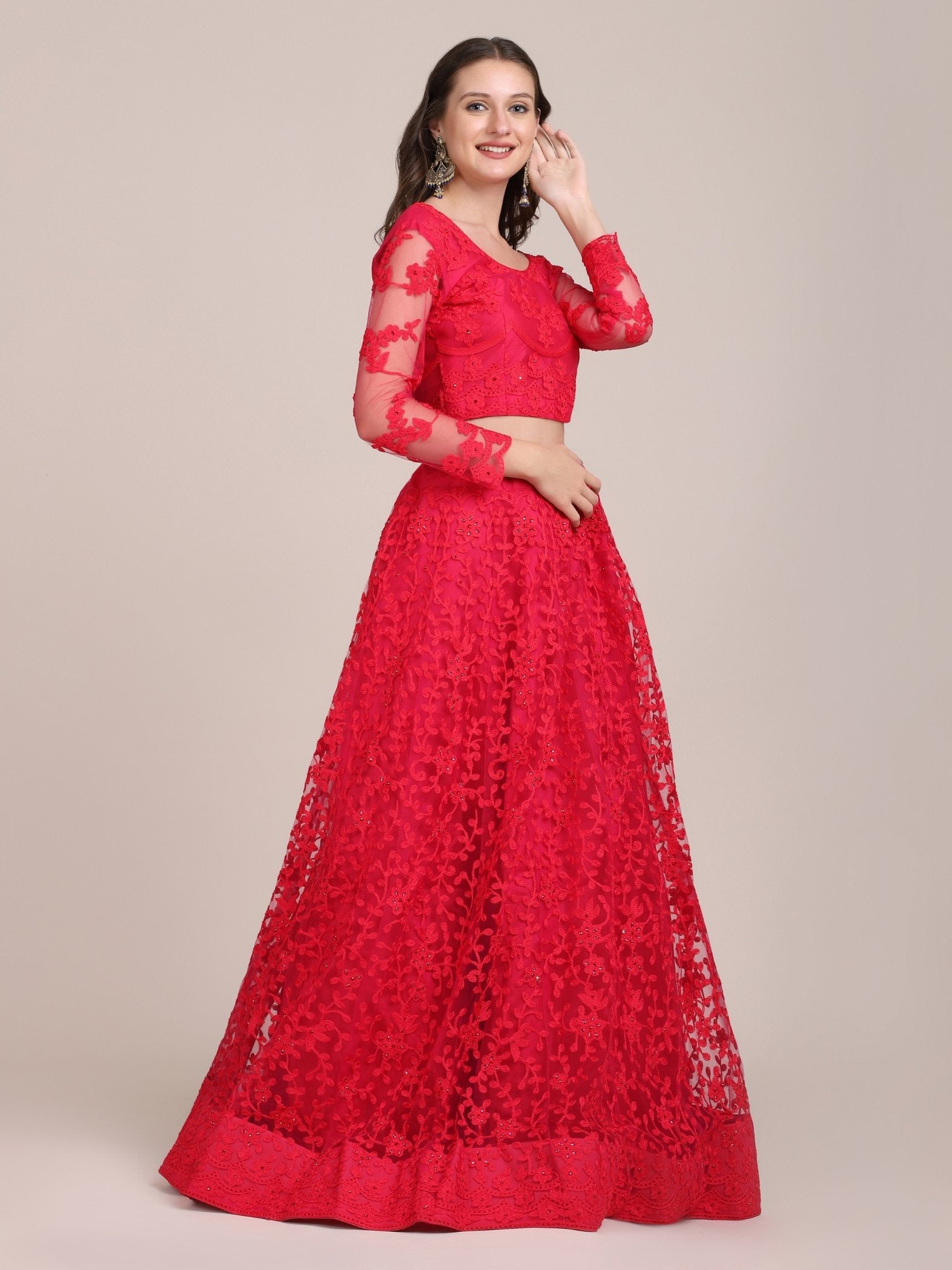 Jyoti Fashion Women's Pink Net Thread Embroidered Lehenga Choli with Dupatta | Swadesiicart