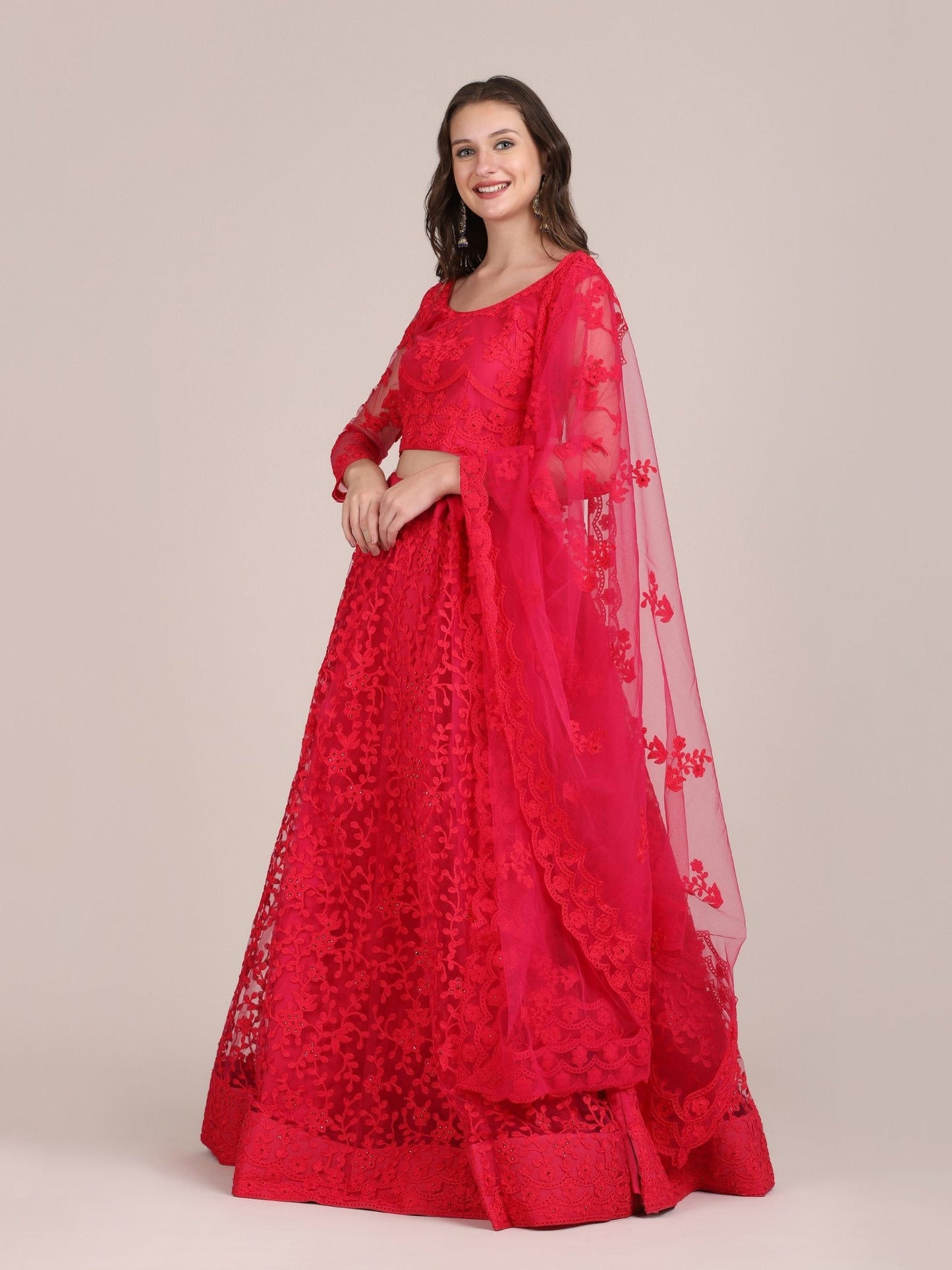 Jyoti Fashion Women's Pink Net Thread Embroidered Lehenga Choli with Dupatta | Swadesiicart