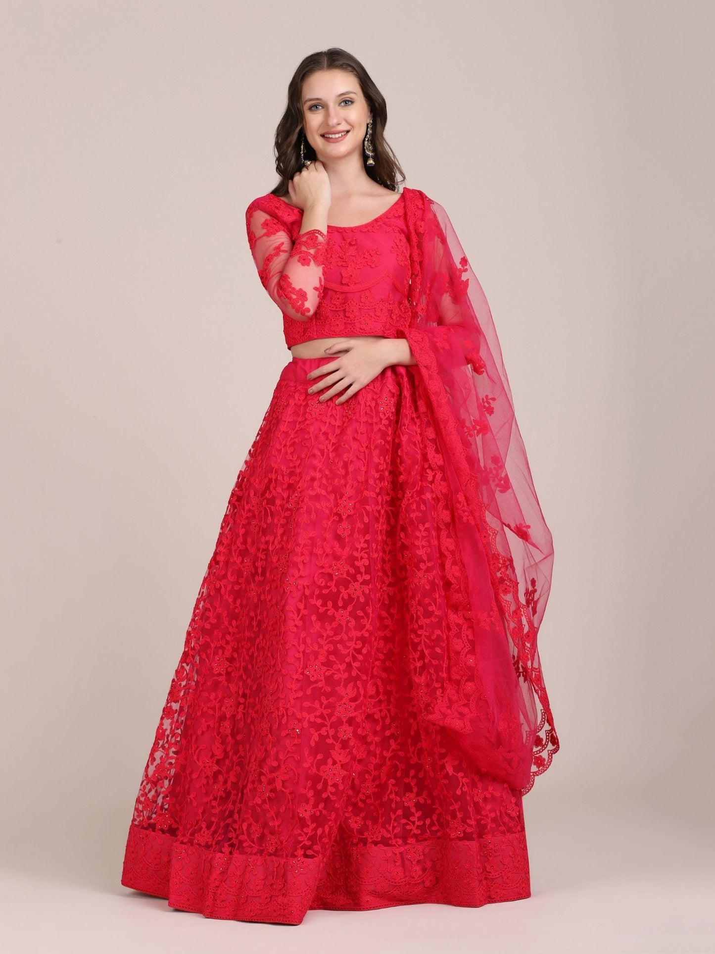 Jyoti Fashion Women's Pink Net Thread Embroidered Lehenga Choli with Dupatta | Swadesiicart
