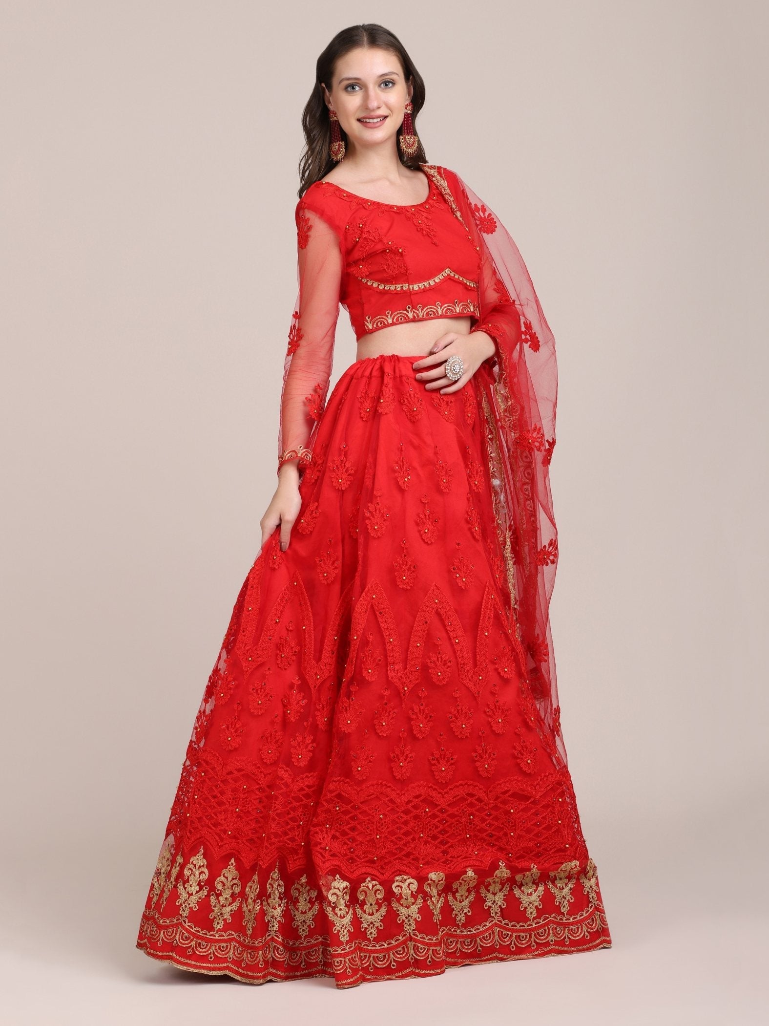 Jyoti Fashion Women's Red Net Thread Embroidered Lehenga Choli with Dupatta | Swadesiicart