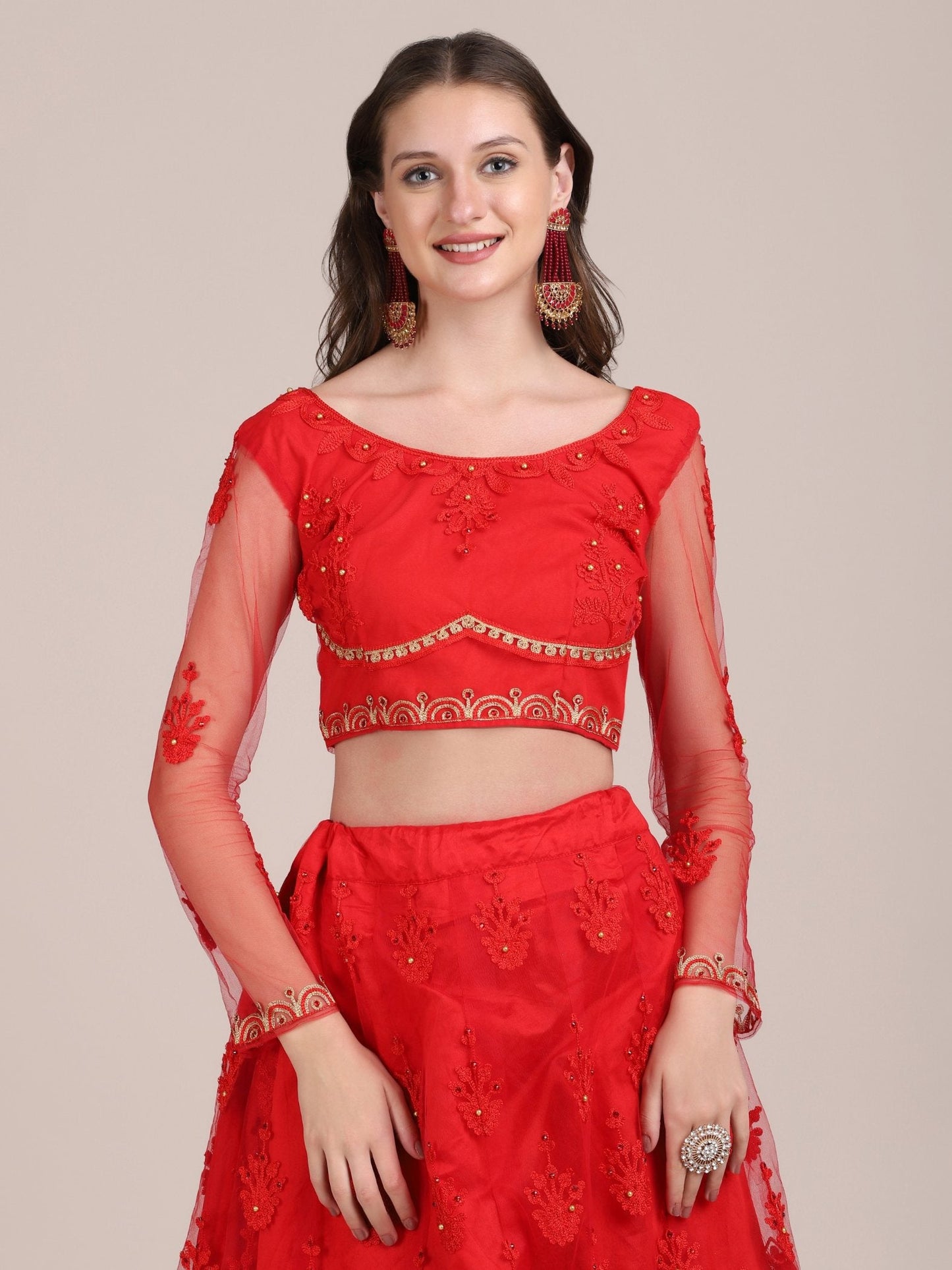Jyoti Fashion Women's Red Net Thread Embroidered Lehenga Choli with Dupatta | Swadesiicart