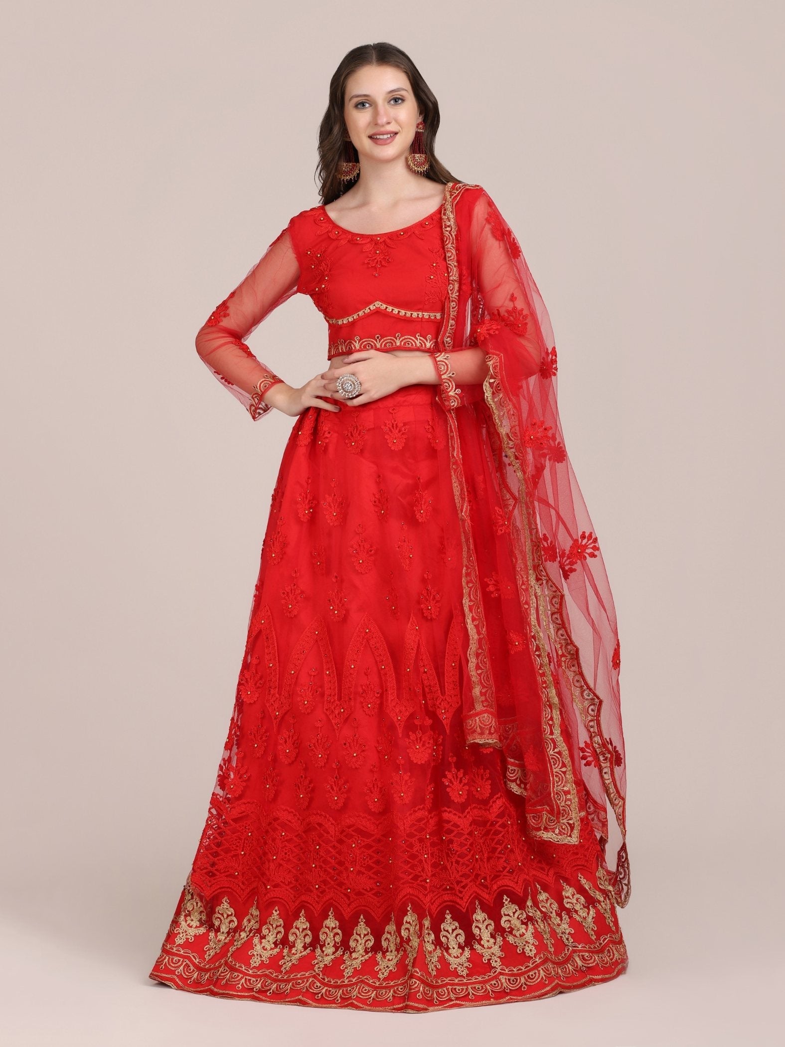 Jyoti Fashion Women's Red Net Thread Embroidered Lehenga Choli with Dupatta | Swadesiicart