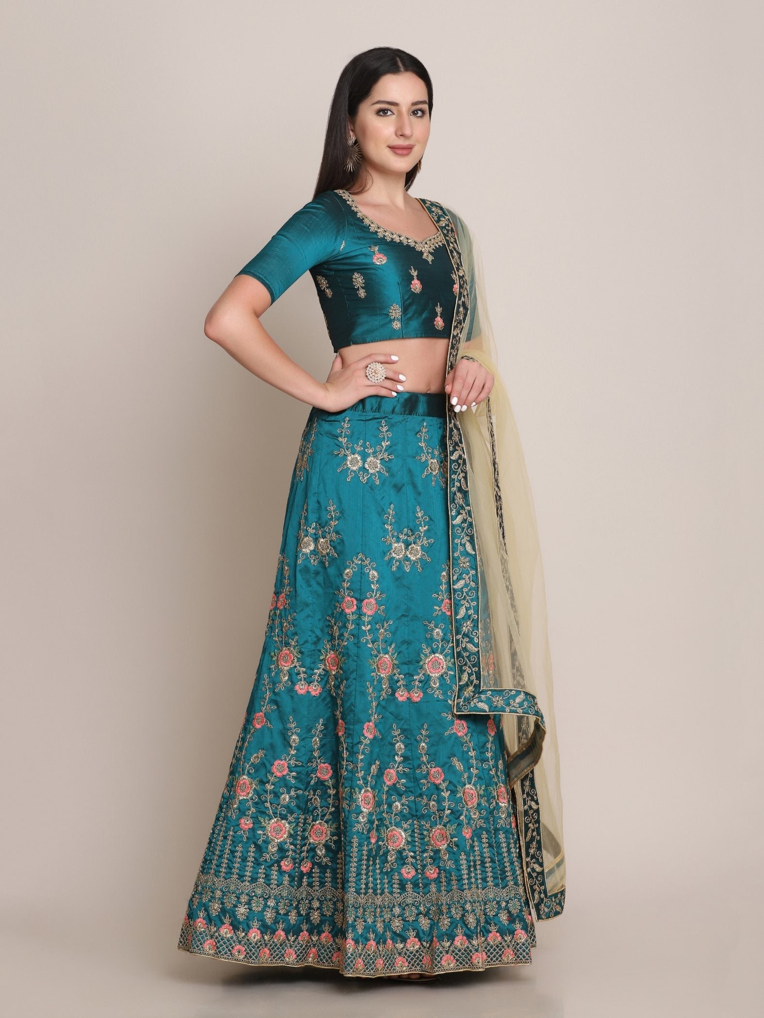 Jyoti Fashion Women's Teal Taffeta Silk Thread Embroidered Lehenga Choli with Dupatta | Swadesiicart