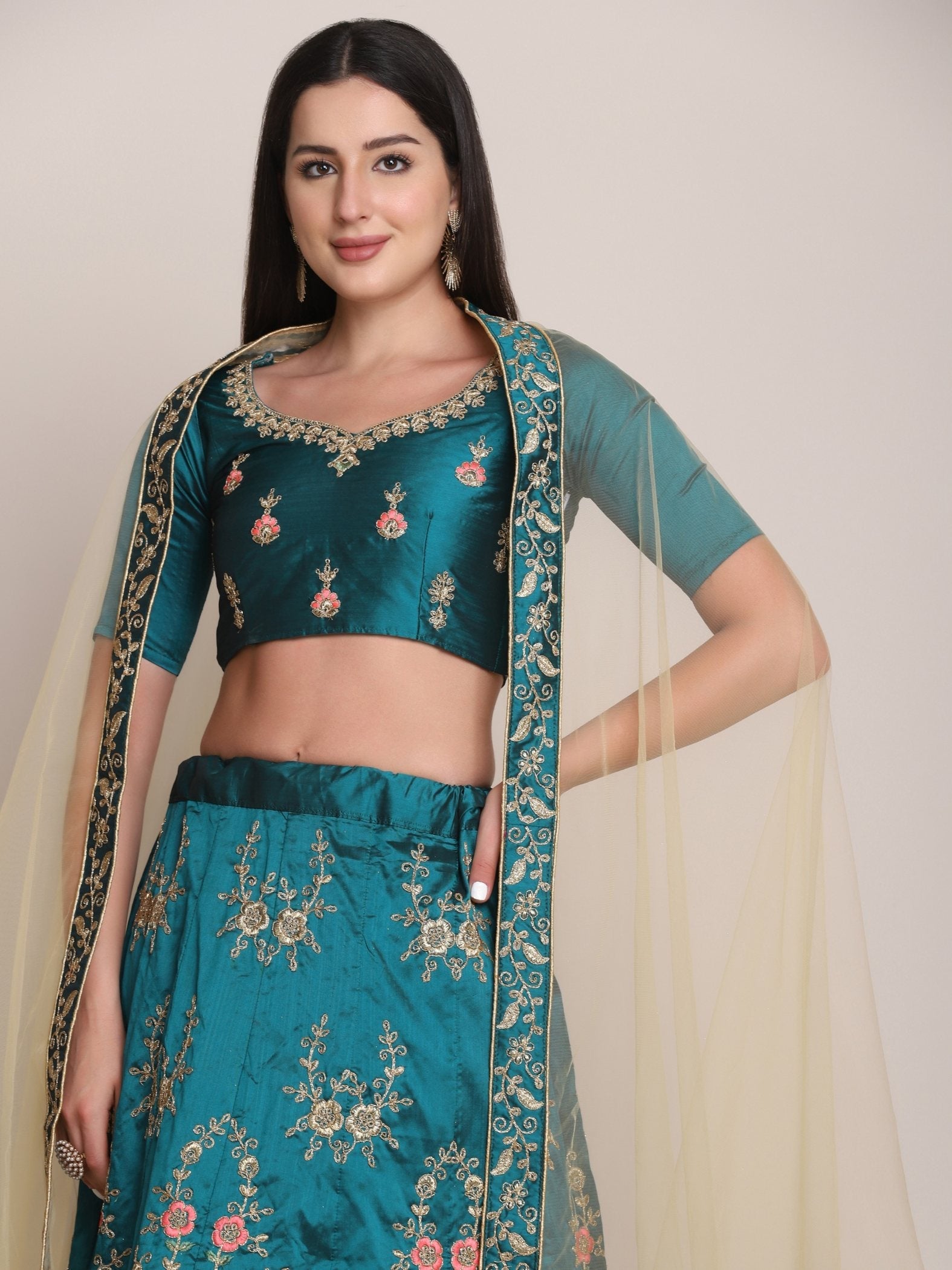 Jyoti Fashion Women's Teal Taffeta Silk Thread Embroidered Lehenga Choli with Dupatta | Swadesiicart