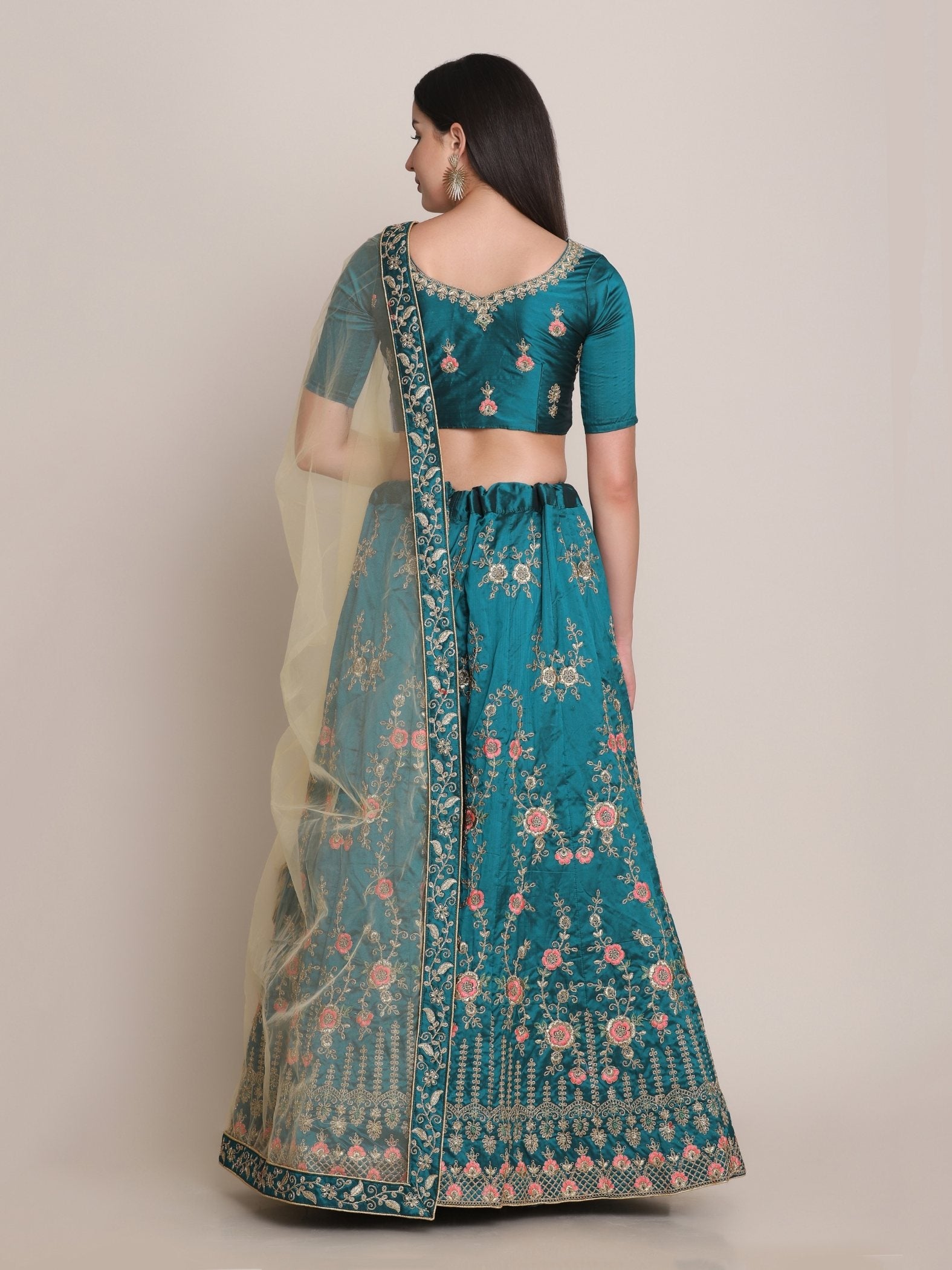 Jyoti Fashion Women's Teal Taffeta Silk Thread Embroidered Lehenga Choli with Dupatta | Swadesiicart