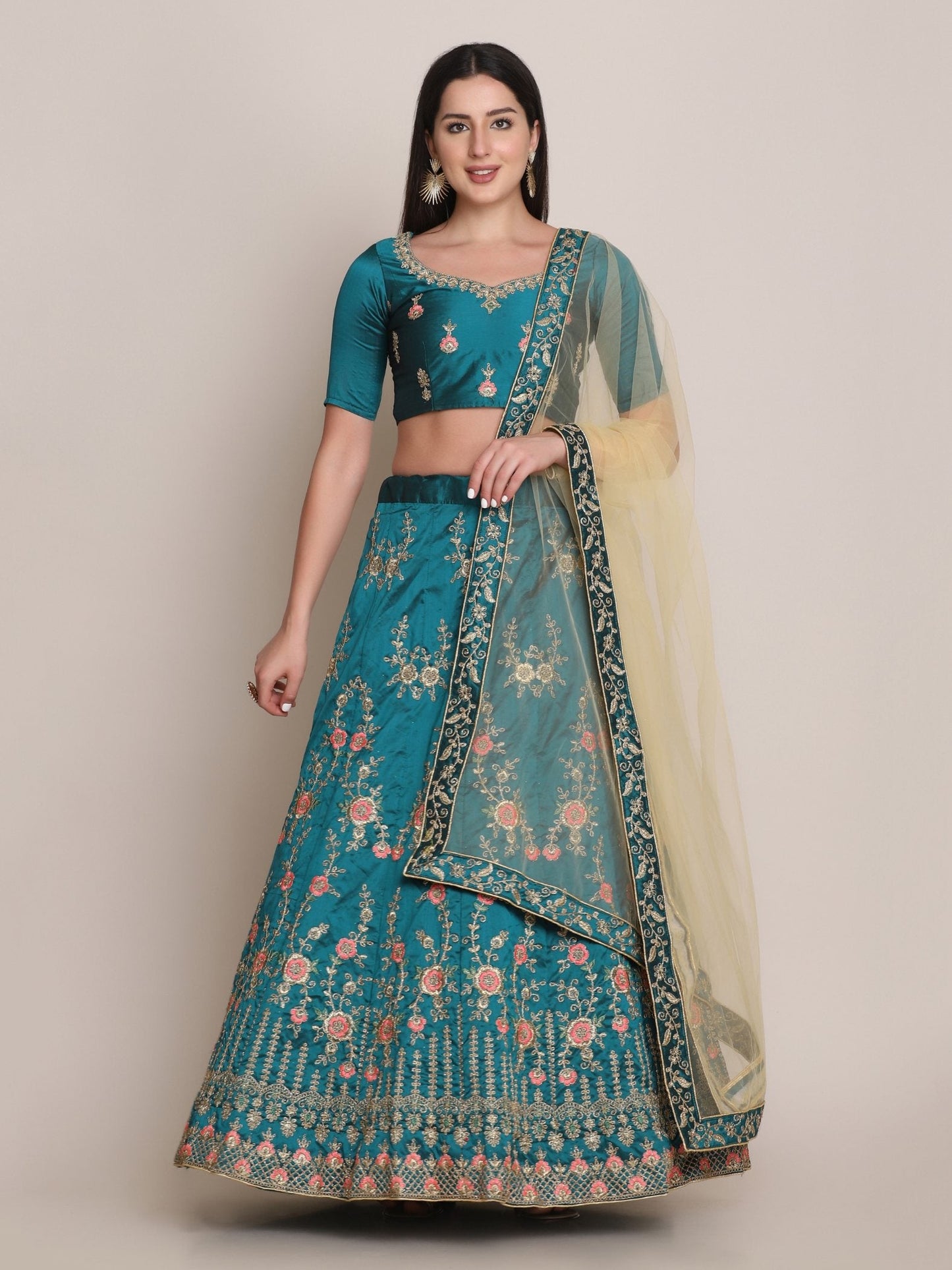 Jyoti Fashion Women's Teal Taffeta Silk Thread Embroidered Lehenga Choli with Dupatta | Swadesiicart