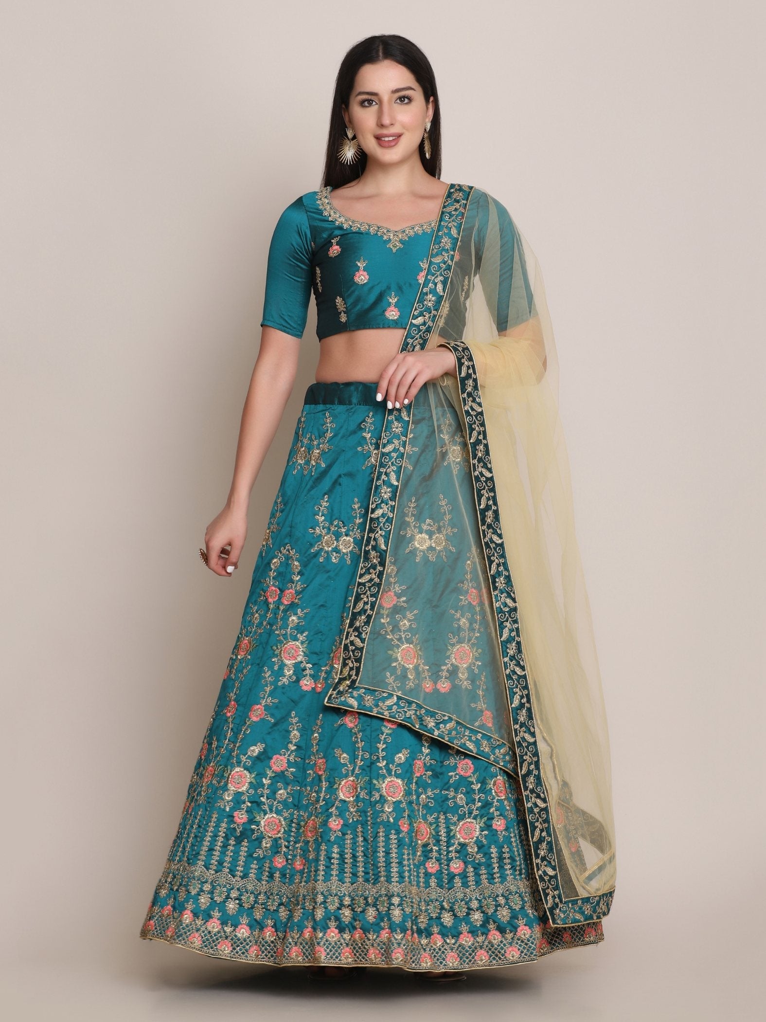 Jyoti Fashion Women's Teal Taffeta Silk Thread Embroidered Lehenga Choli with Dupatta | Swadesiicart