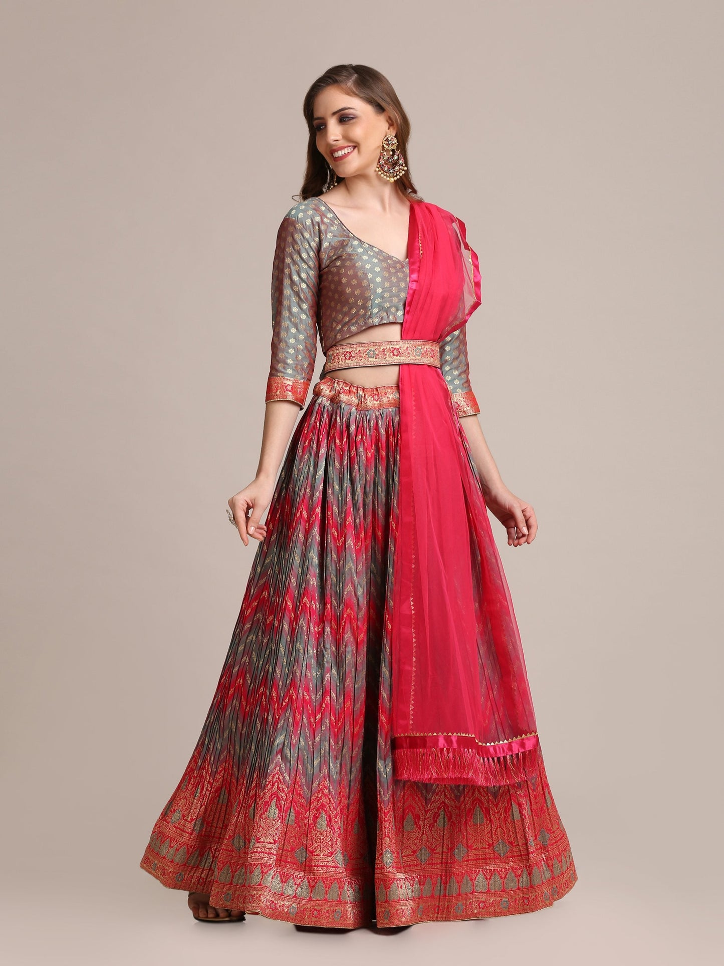 Jyoti Fashion Women's Grey Jacquard Silk Gold Woven & Platted Work Lehenga Choli with Dupatta | Swadesiicart