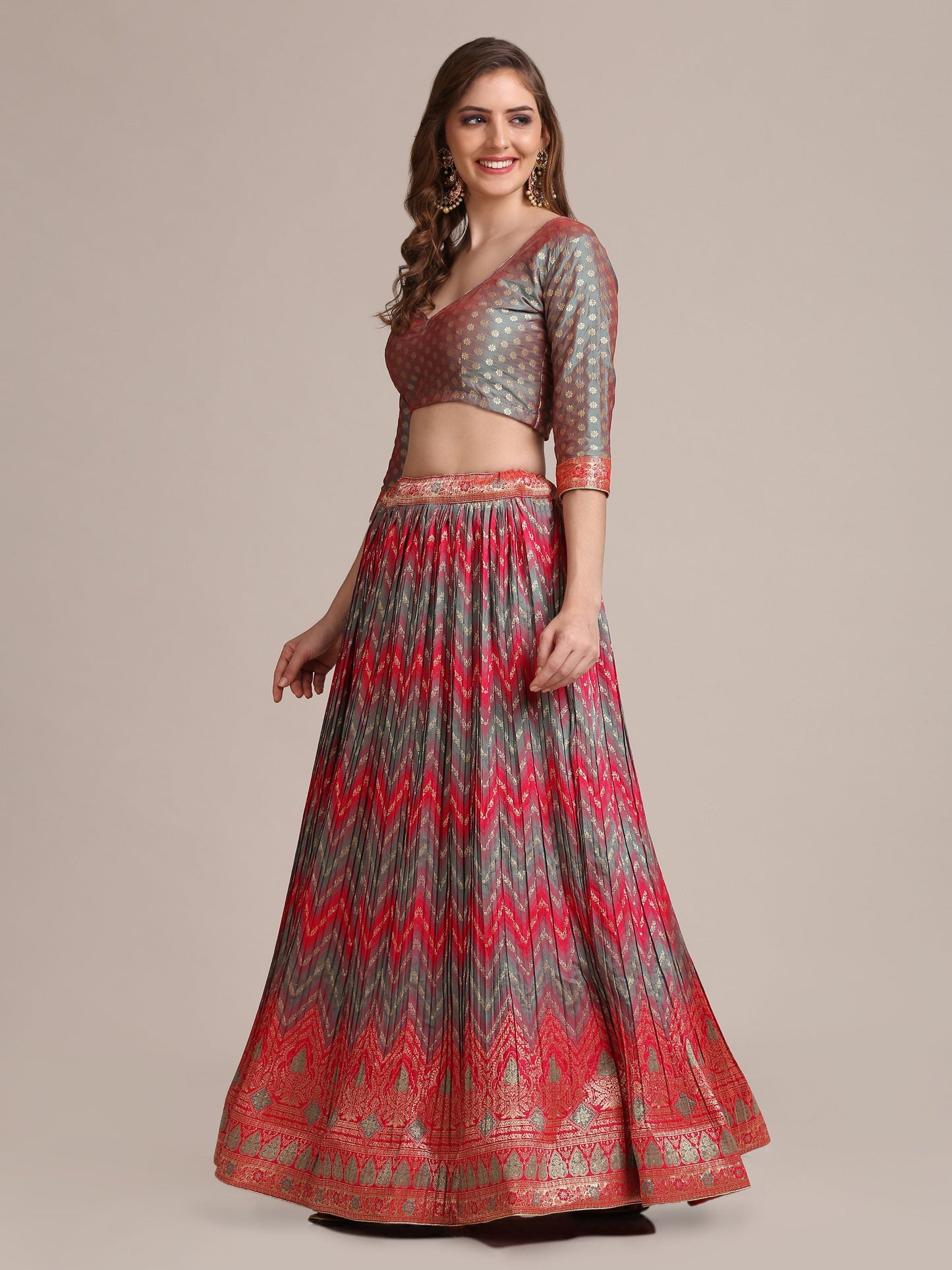 Jyoti Fashion Women's Grey Jacquard Silk Gold Woven & Platted Work Lehenga Choli with Dupatta | Swadesiicart