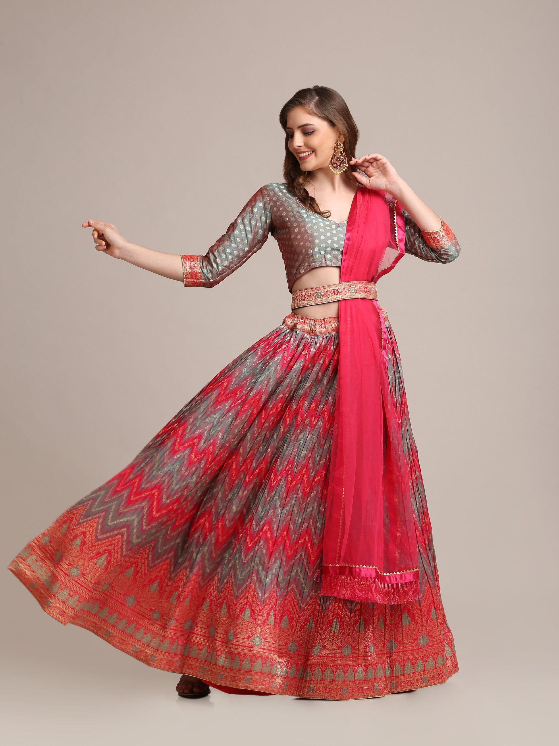 Jyoti Fashion Women's Grey Jacquard Silk Gold Woven & Platted Work Lehenga Choli with Dupatta | Swadesiicart