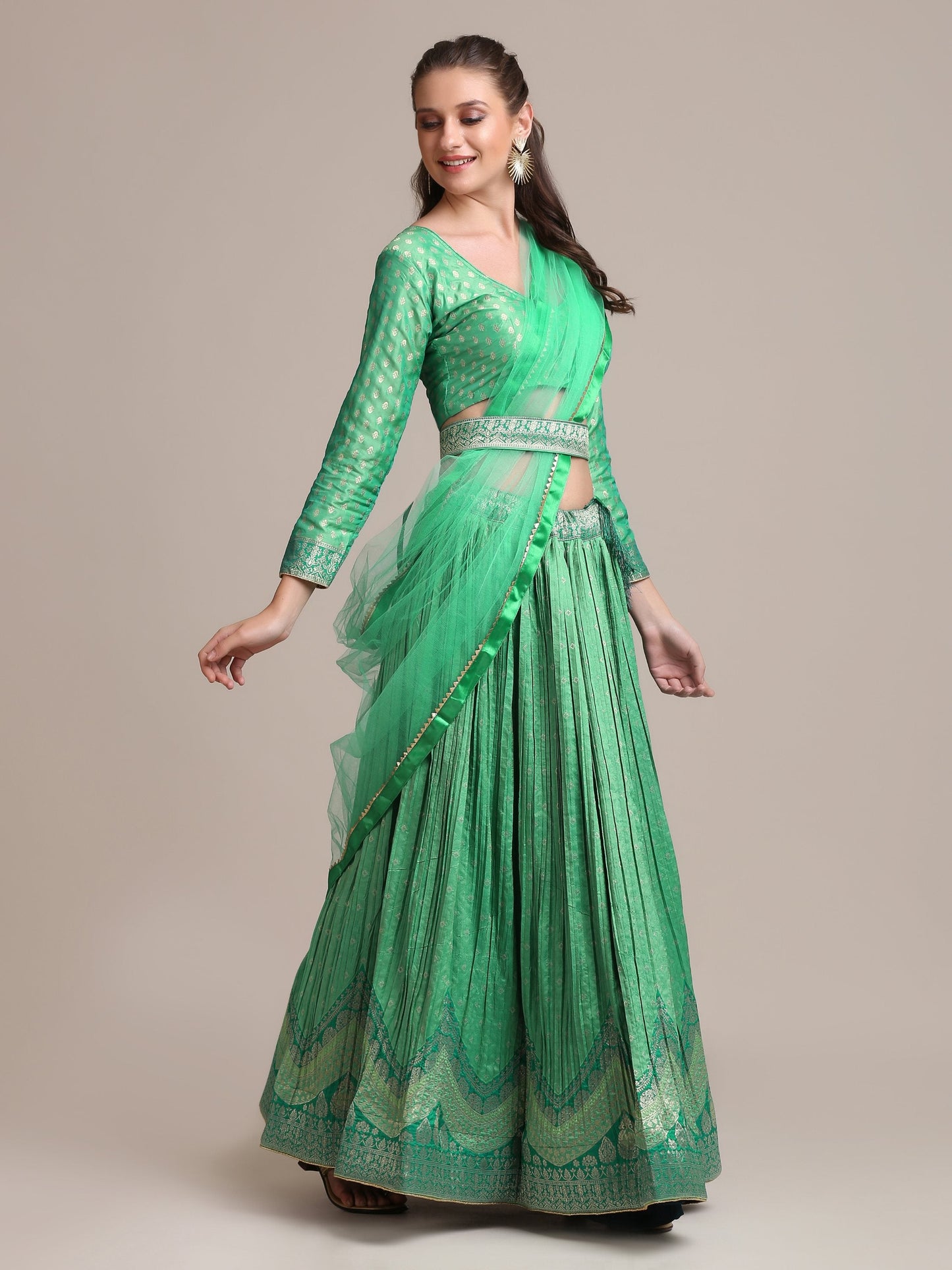 Jyoti Fashion Women's Sea Green Jacquard Silk Gold Woven & Platted Work Lehenga Choli with Dupatta | Swadesiicart