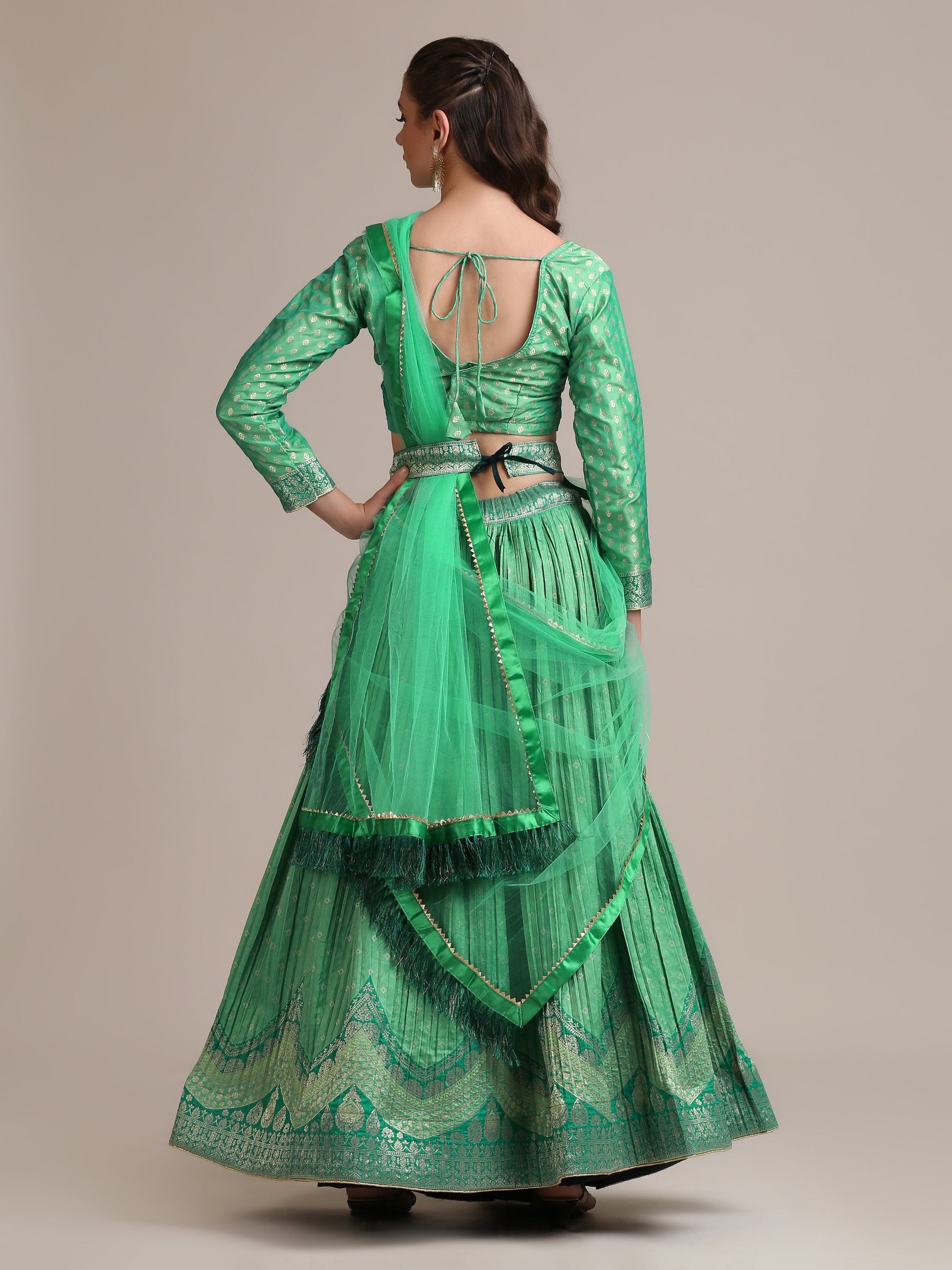 Jyoti Fashion Women's Sea Green Jacquard Silk Gold Woven & Platted Work Lehenga Choli with Dupatta | Swadesiicart