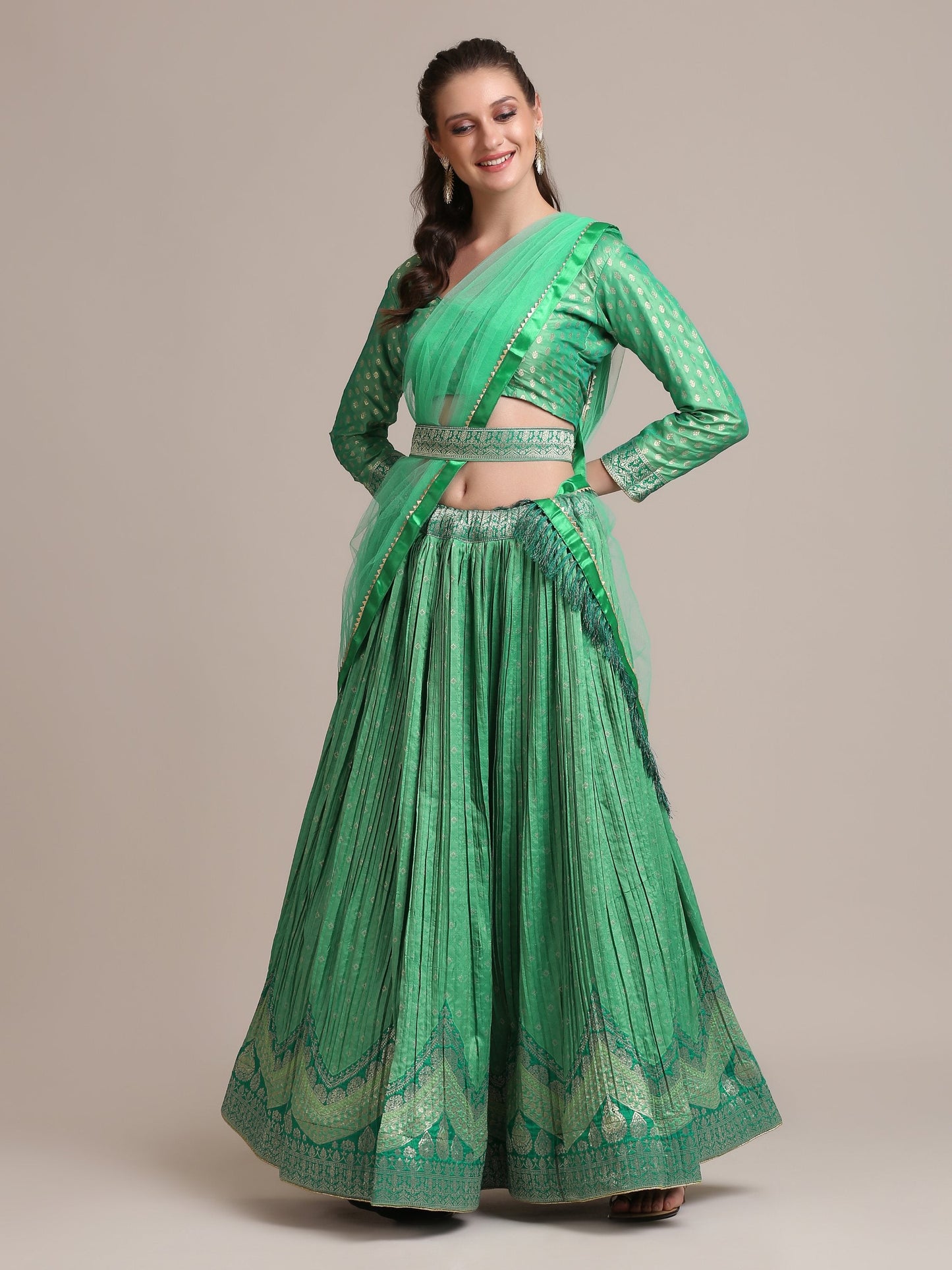 Jyoti Fashion Women's Sea Green Jacquard Silk Gold Woven & Platted Work Lehenga Choli with Dupatta | Swadesiicart