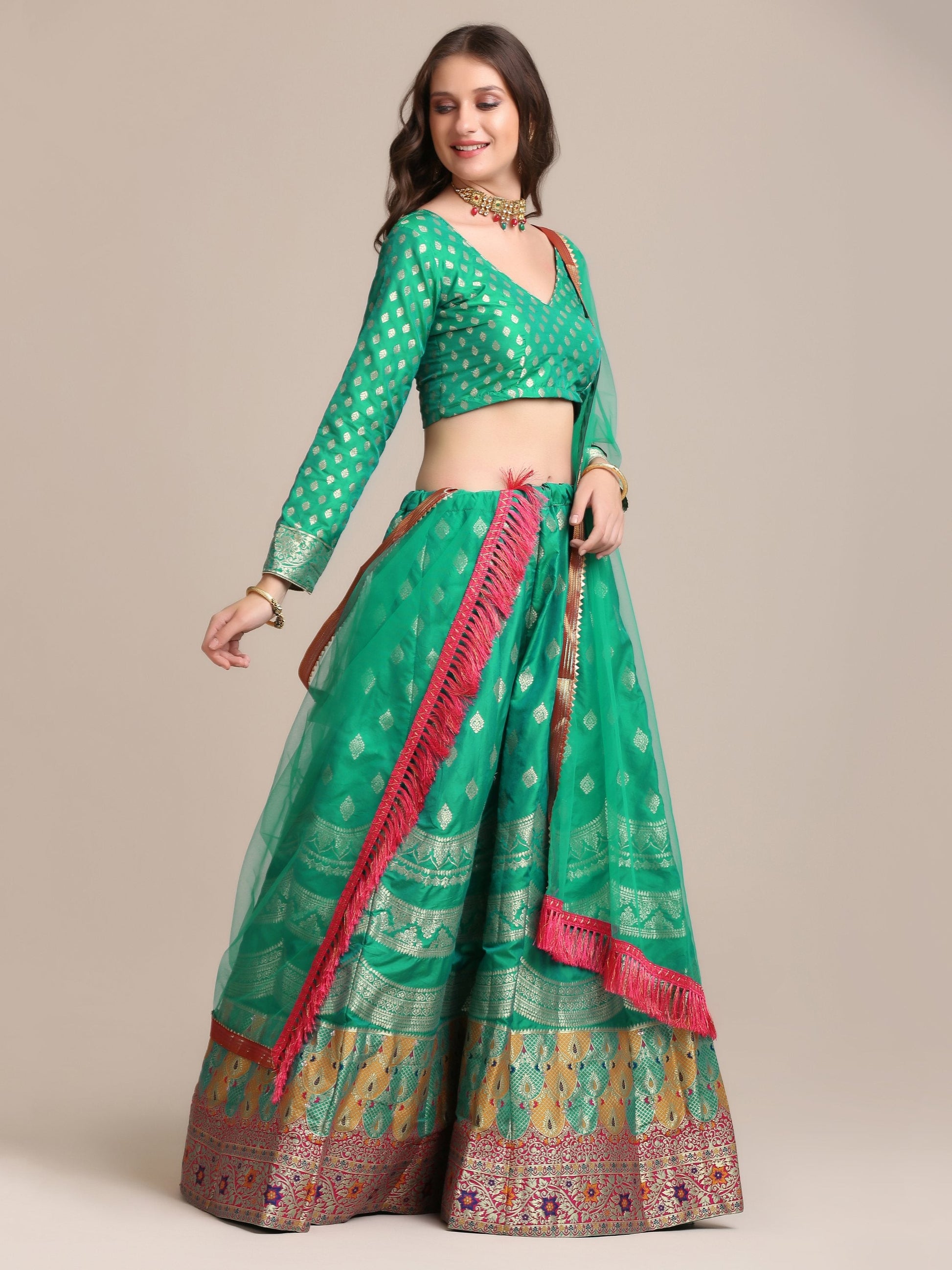 Jyoti Fashion Women's Rama Jacquard Silk Gold Woven Work Lehenga Choli with Dupatta | Swadesiicart