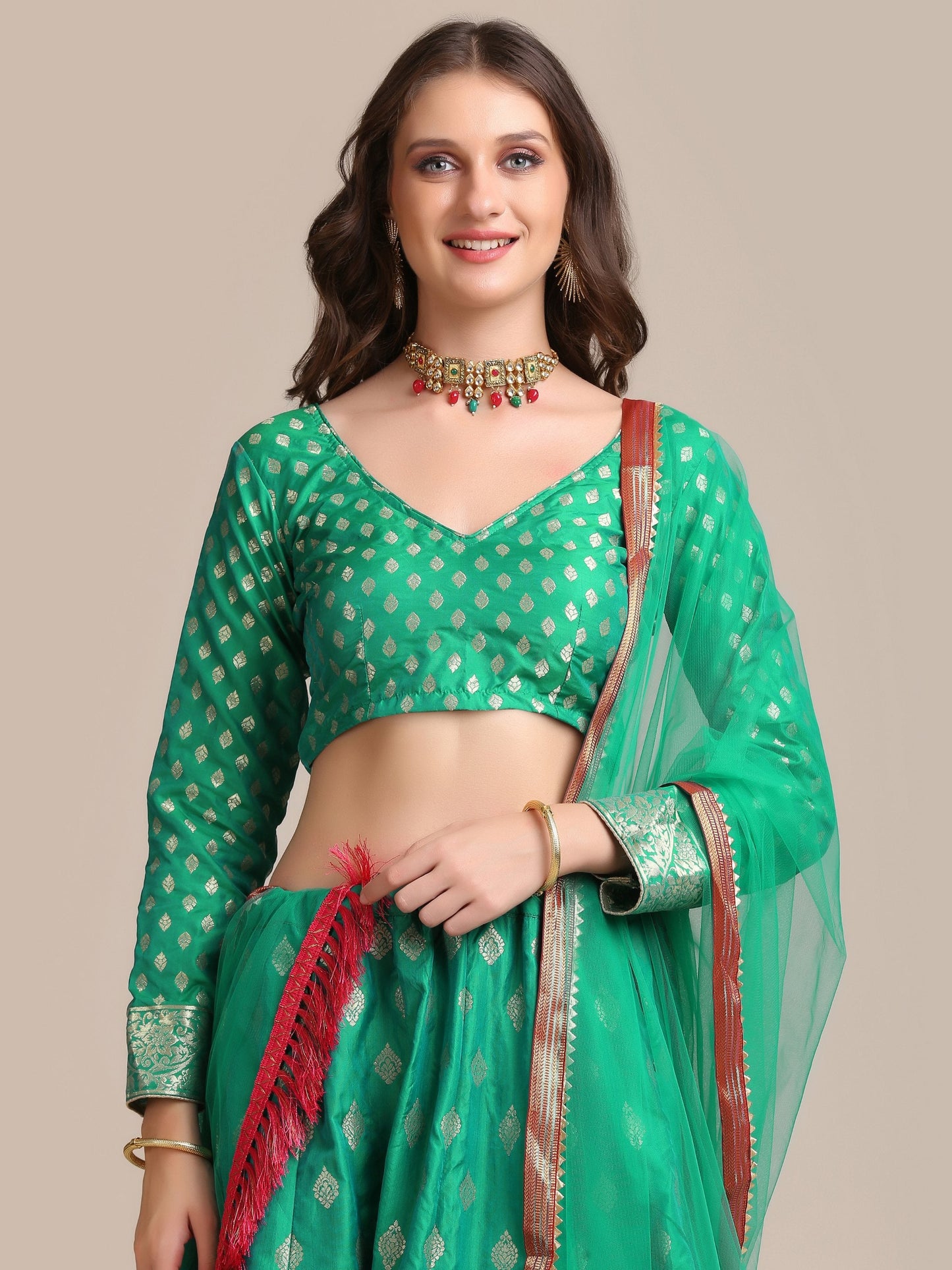 Jyoti Fashion Women's Rama Jacquard Silk Gold Woven Work Lehenga Choli with Dupatta | Swadesiicart