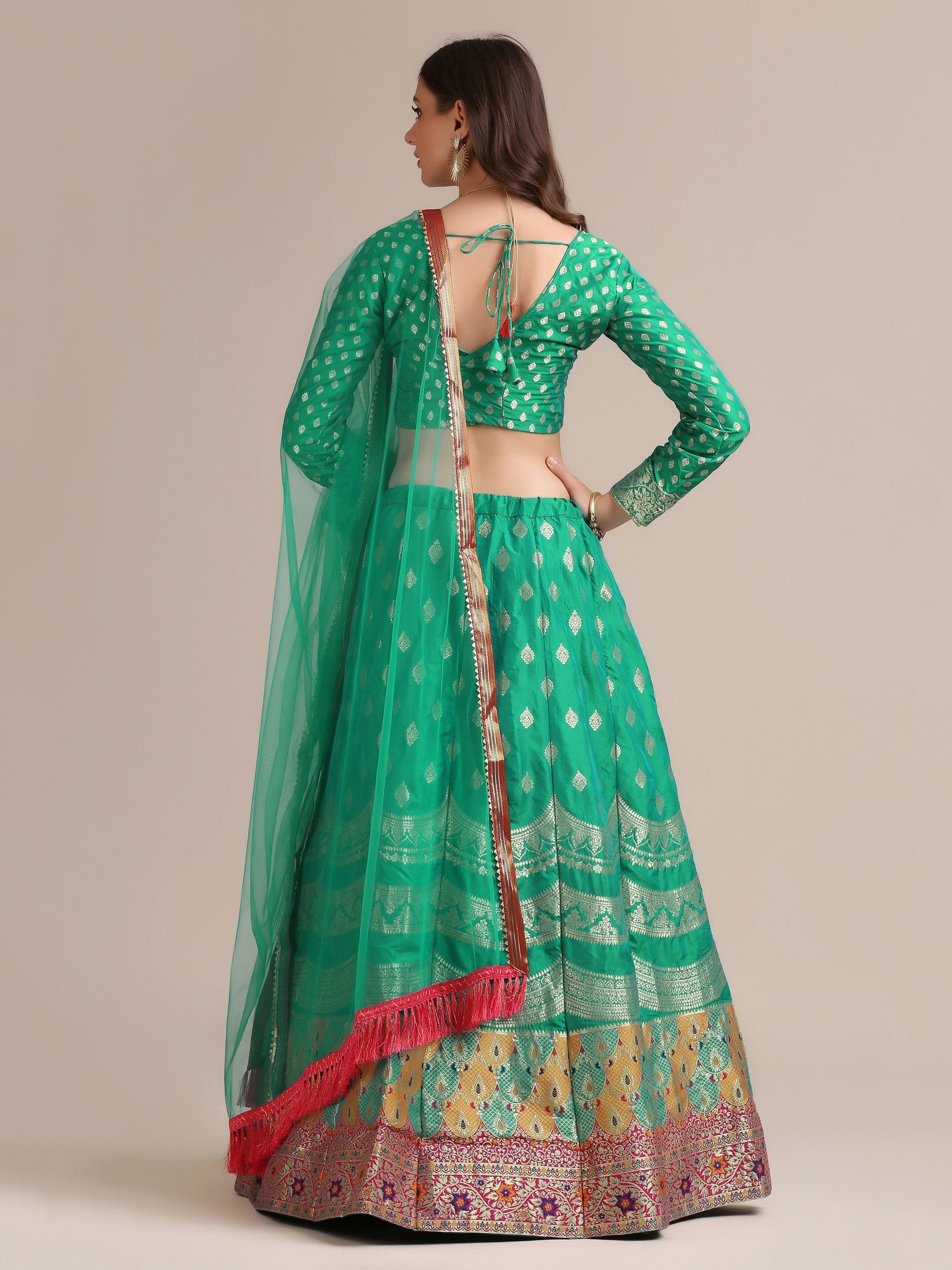 Jyoti Fashion Women's Rama Jacquard Silk Gold Woven Work Lehenga Choli with Dupatta | Swadesiicart