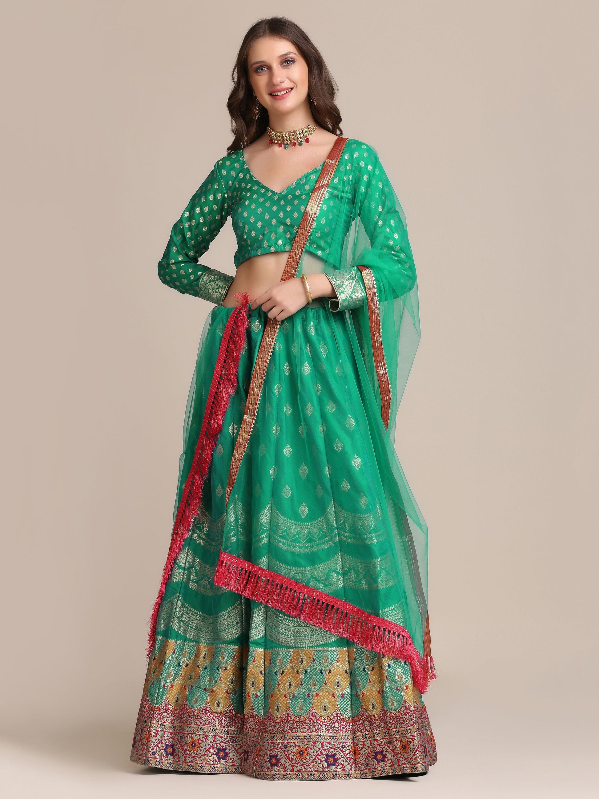 Jyoti Fashion Women's Rama Jacquard Silk Gold Woven Work Lehenga Choli with Dupatta | Swadesiicart