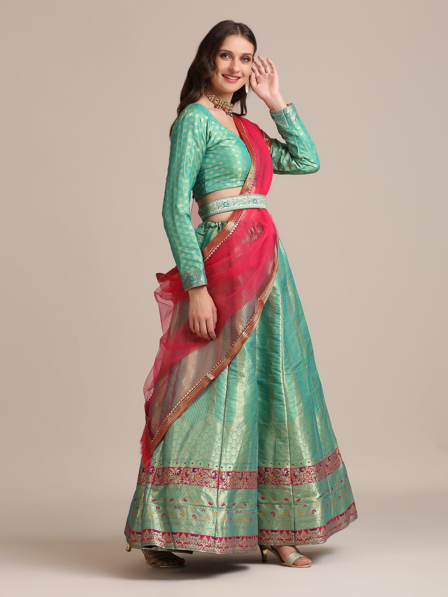 Jyoti Fashion Women's Sea Green Jacquard Silk Gold Woven Work Lehenga Choli with Dupatta | Swadesiicart