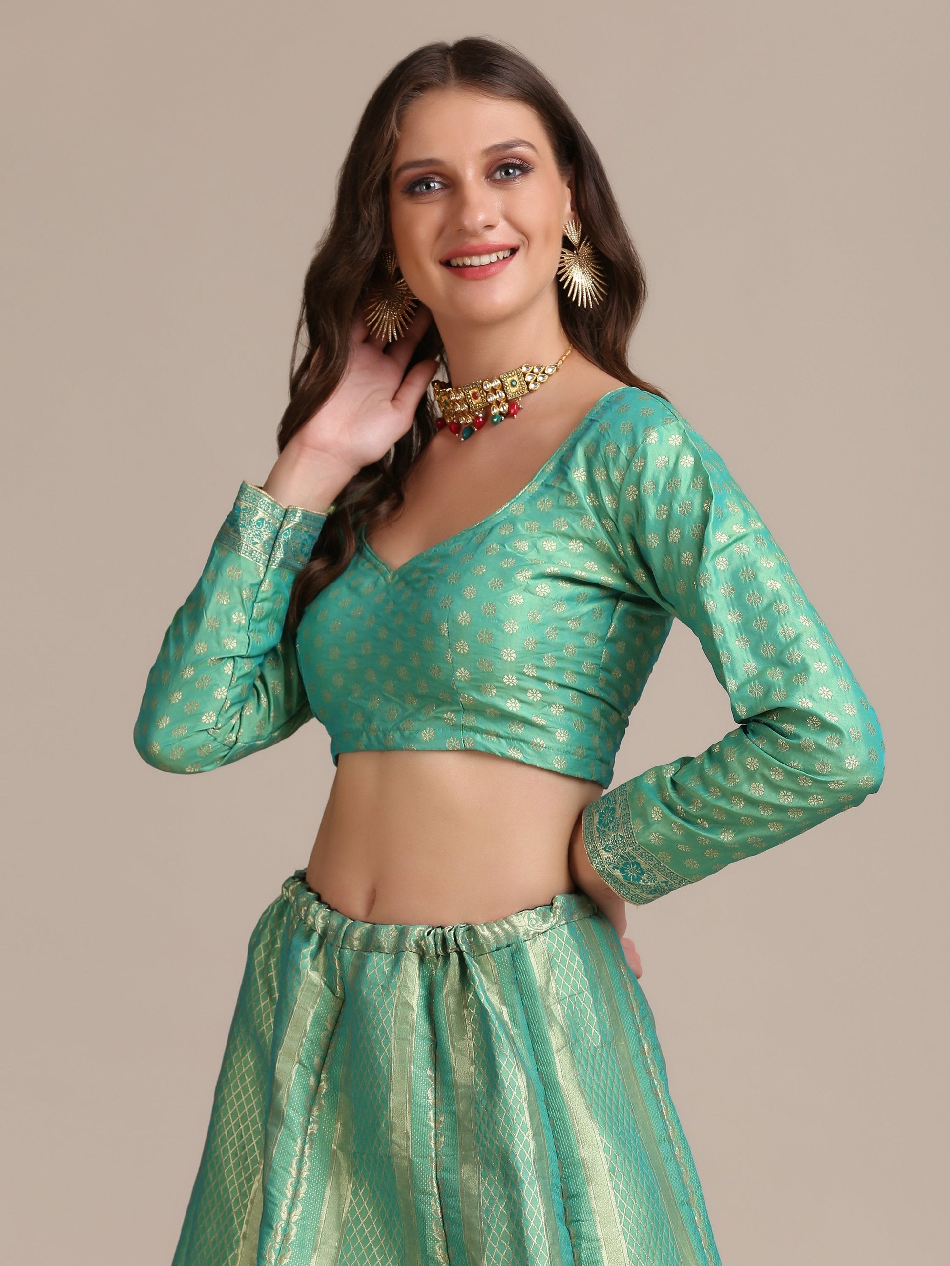 Jyoti Fashion Women's Sea Green Jacquard Silk Gold Woven Work Lehenga Choli with Dupatta | Swadesiicart