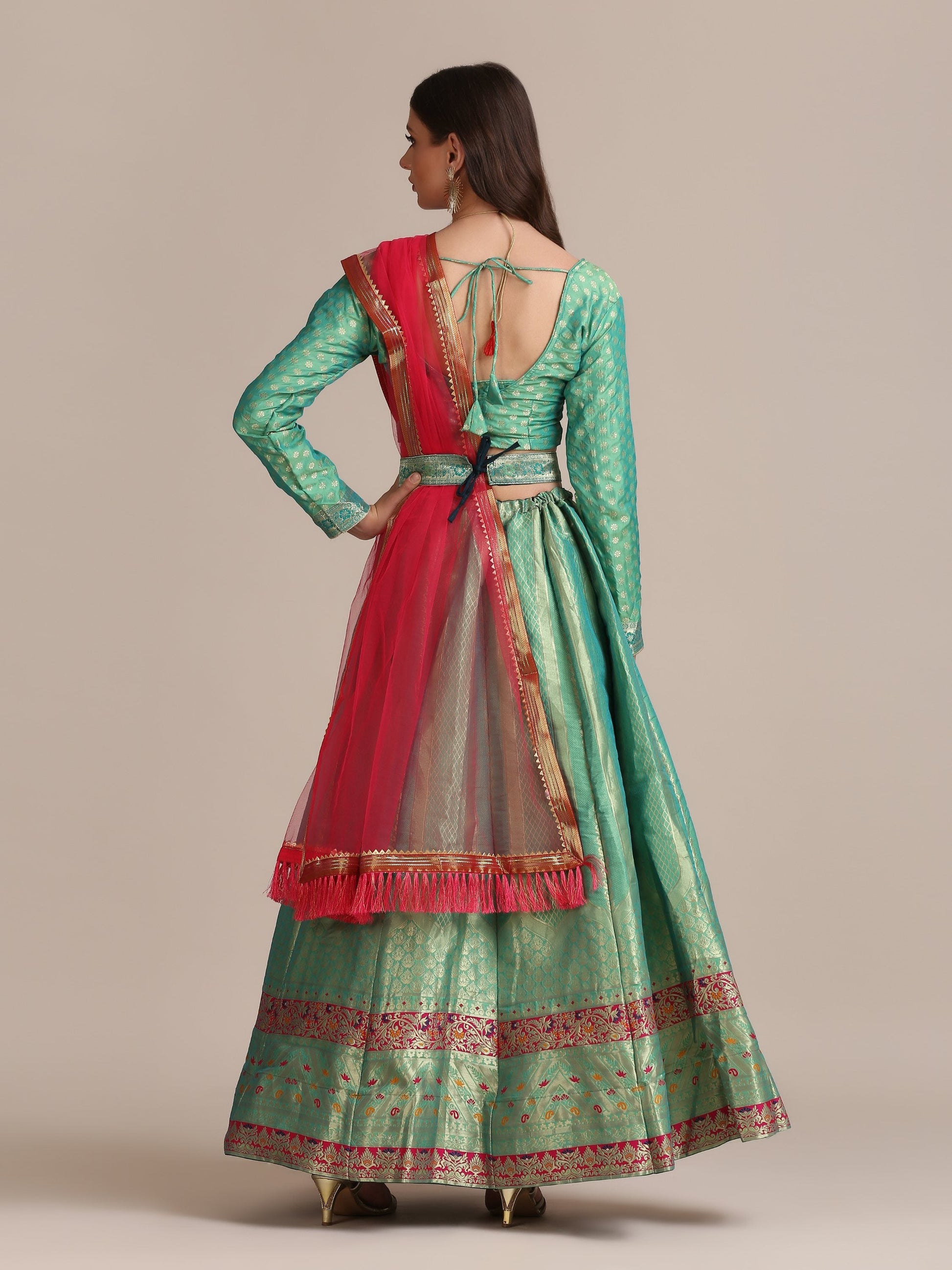 Jyoti Fashion Women's Sea Green Jacquard Silk Gold Woven Work Lehenga Choli with Dupatta | Swadesiicart