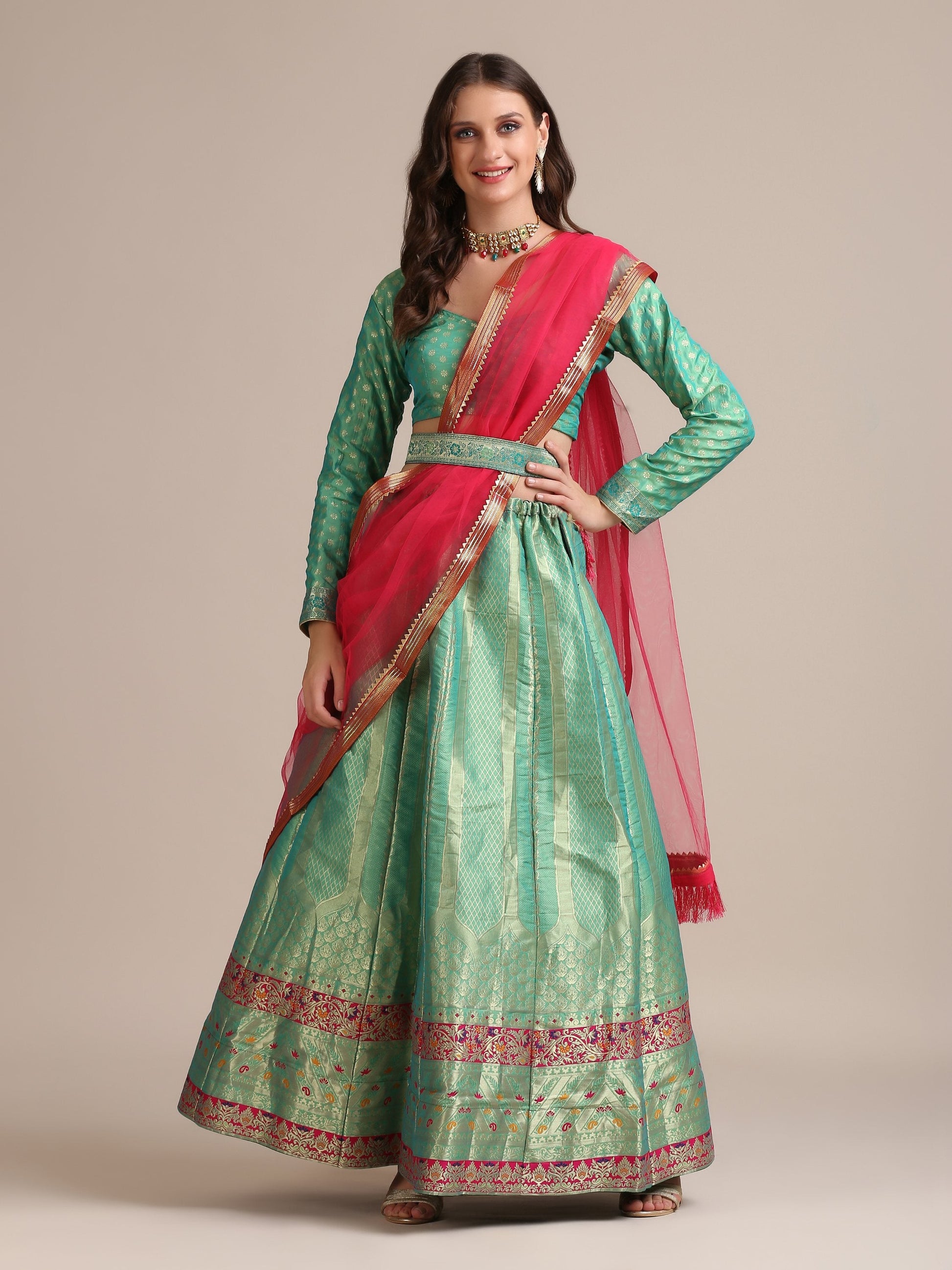 Jyoti Fashion Women's Sea Green Jacquard Silk Gold Woven Work Lehenga Choli with Dupatta | Swadesiicart