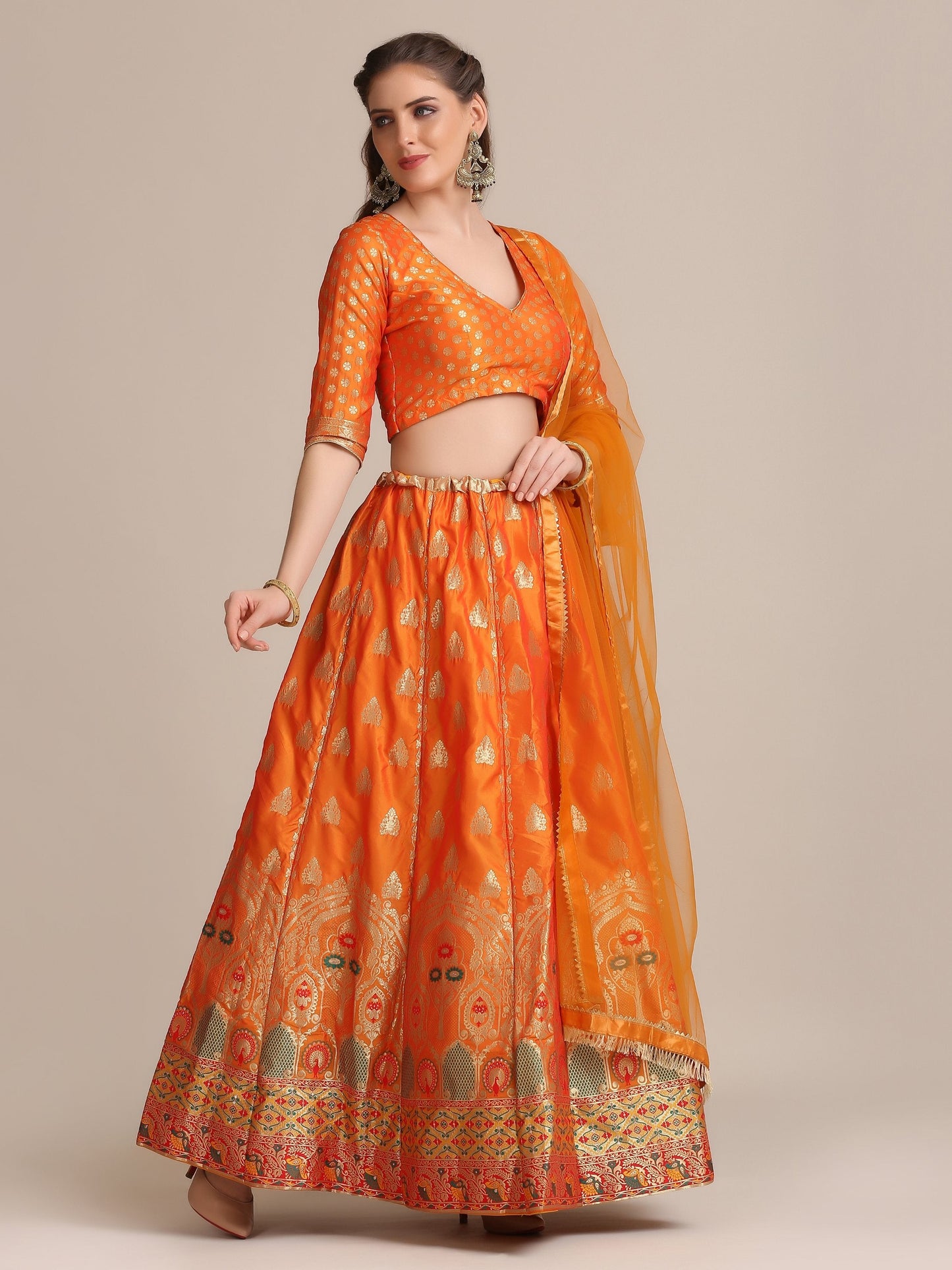 Jyoti Fashion Women's Orange Jacquard Silk Gold Woven Work Lehenga Choli with Dupatta | Swadesiicart
