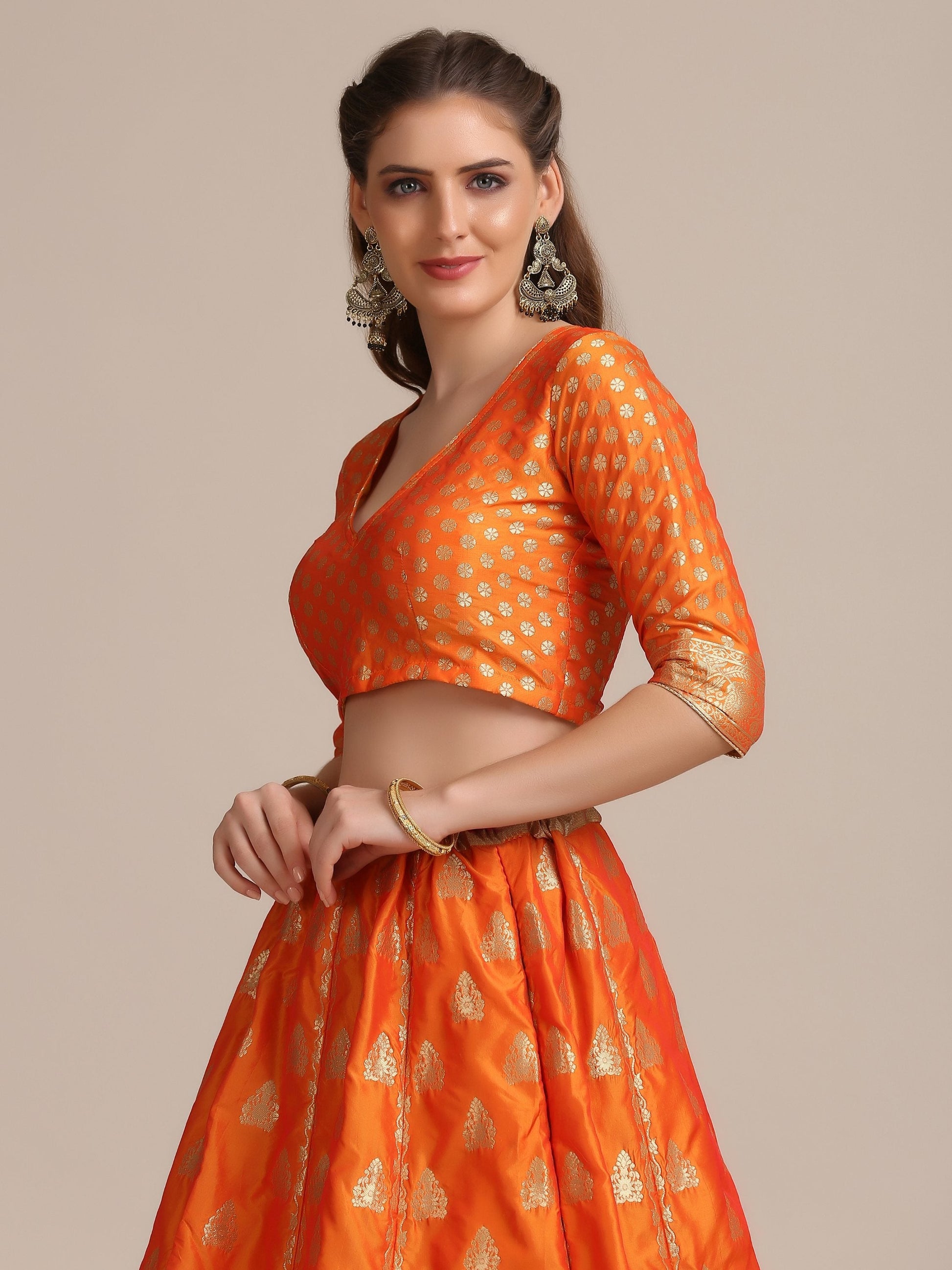 Jyoti Fashion Women's Orange Jacquard Silk Gold Woven Work Lehenga Choli with Dupatta | Swadesiicart