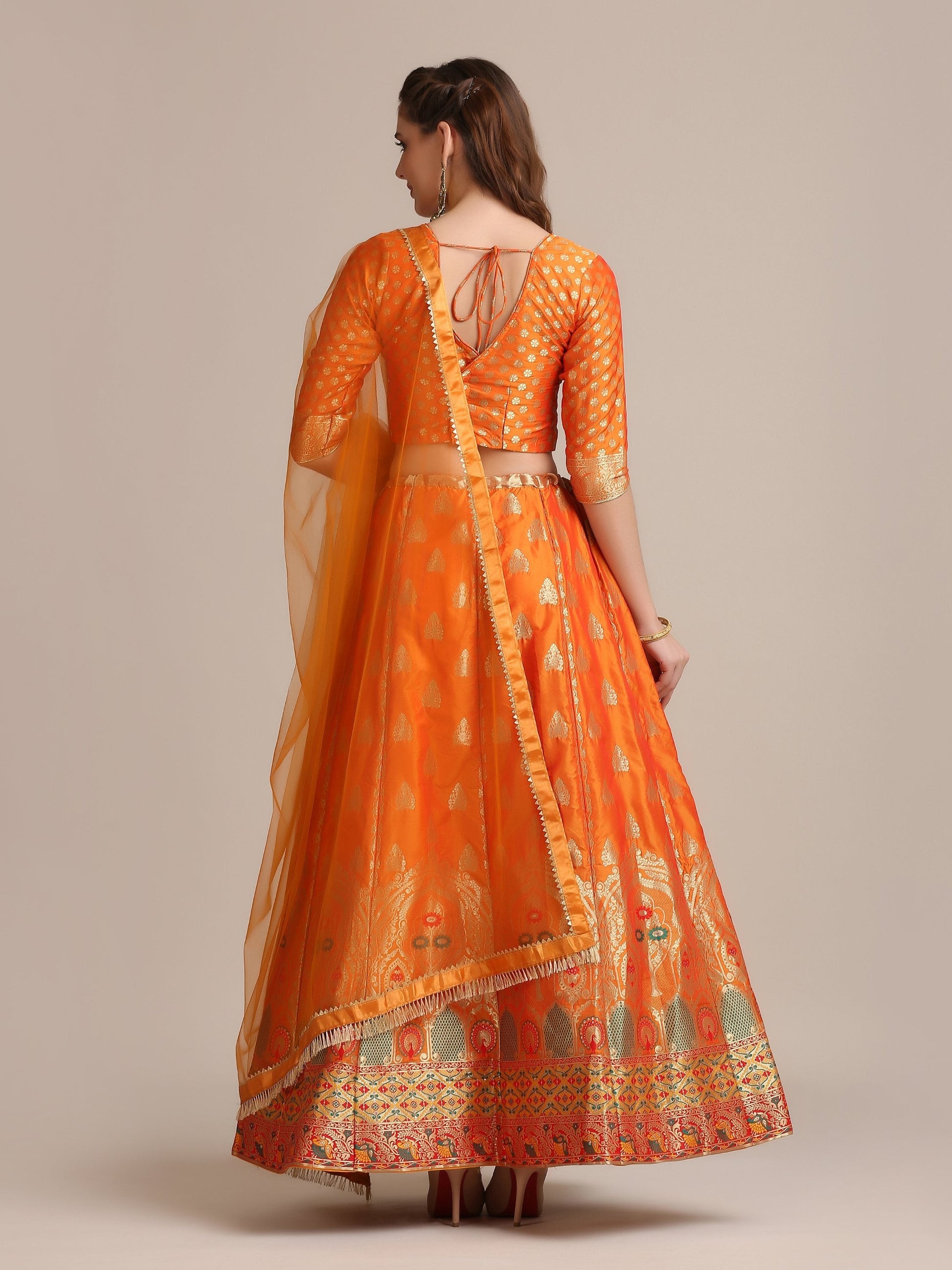 Jyoti Fashion Women's Orange Jacquard Silk Gold Woven Work Lehenga Choli with Dupatta | Swadesiicart
