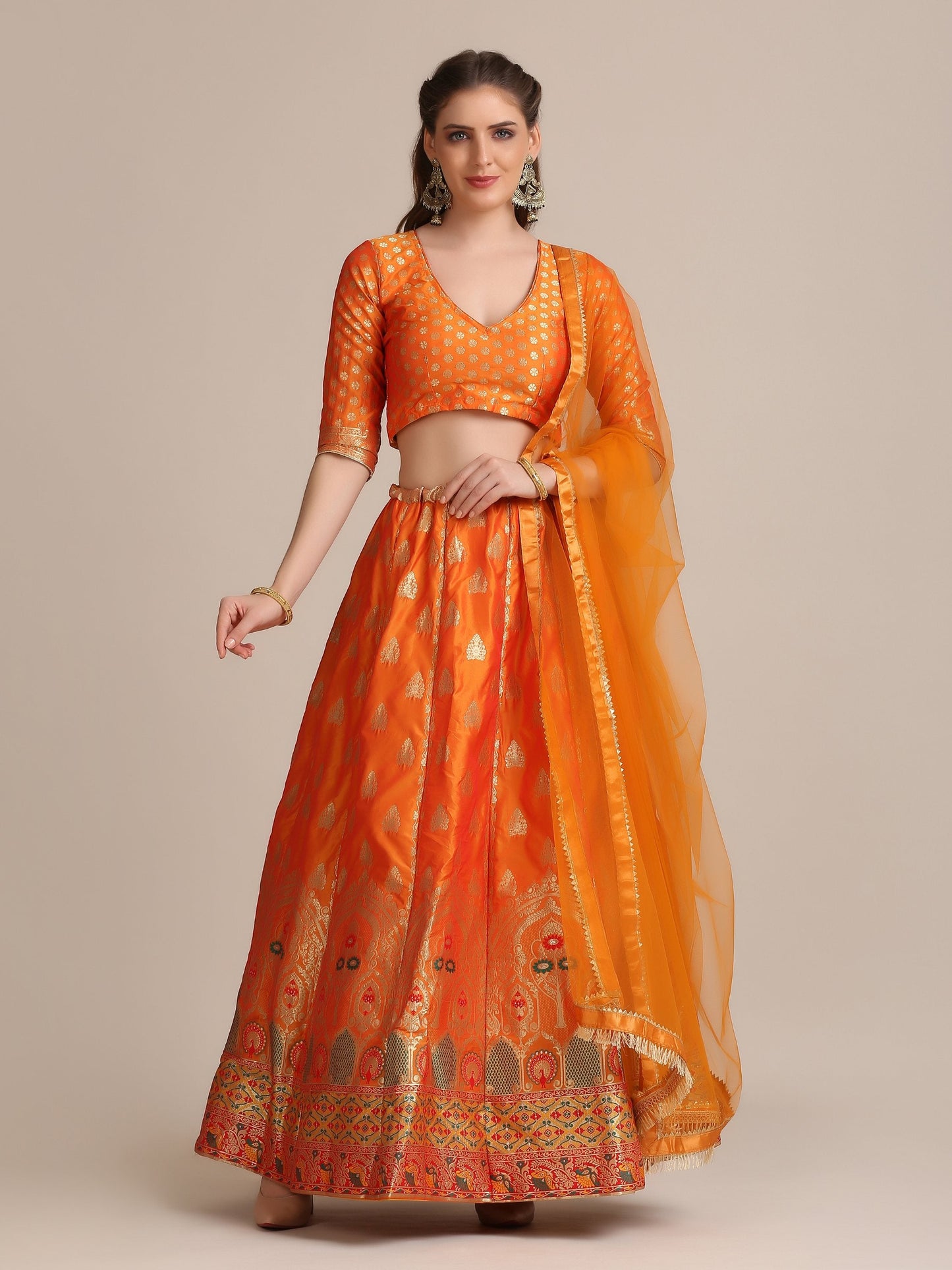 Jyoti Fashion Women's Orange Jacquard Silk Gold Woven Work Lehenga Choli with Dupatta | Swadesiicart